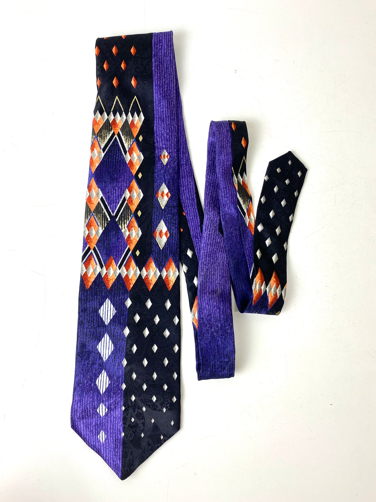 Front of: 90s Deadstock Silk Necktie, Men's Vintage Purple/ Black Geometric Art Deco Pattern Tie, NOS