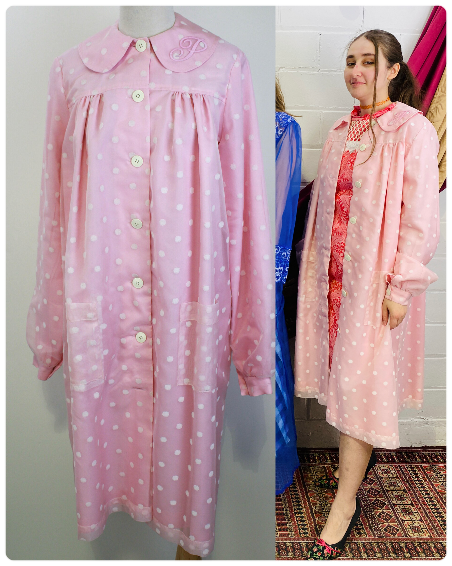 60s-Style Pink Flower Dress Jacket, Pinky's Uniform from Hairspray, Movie Costume, Embroidered P Initial