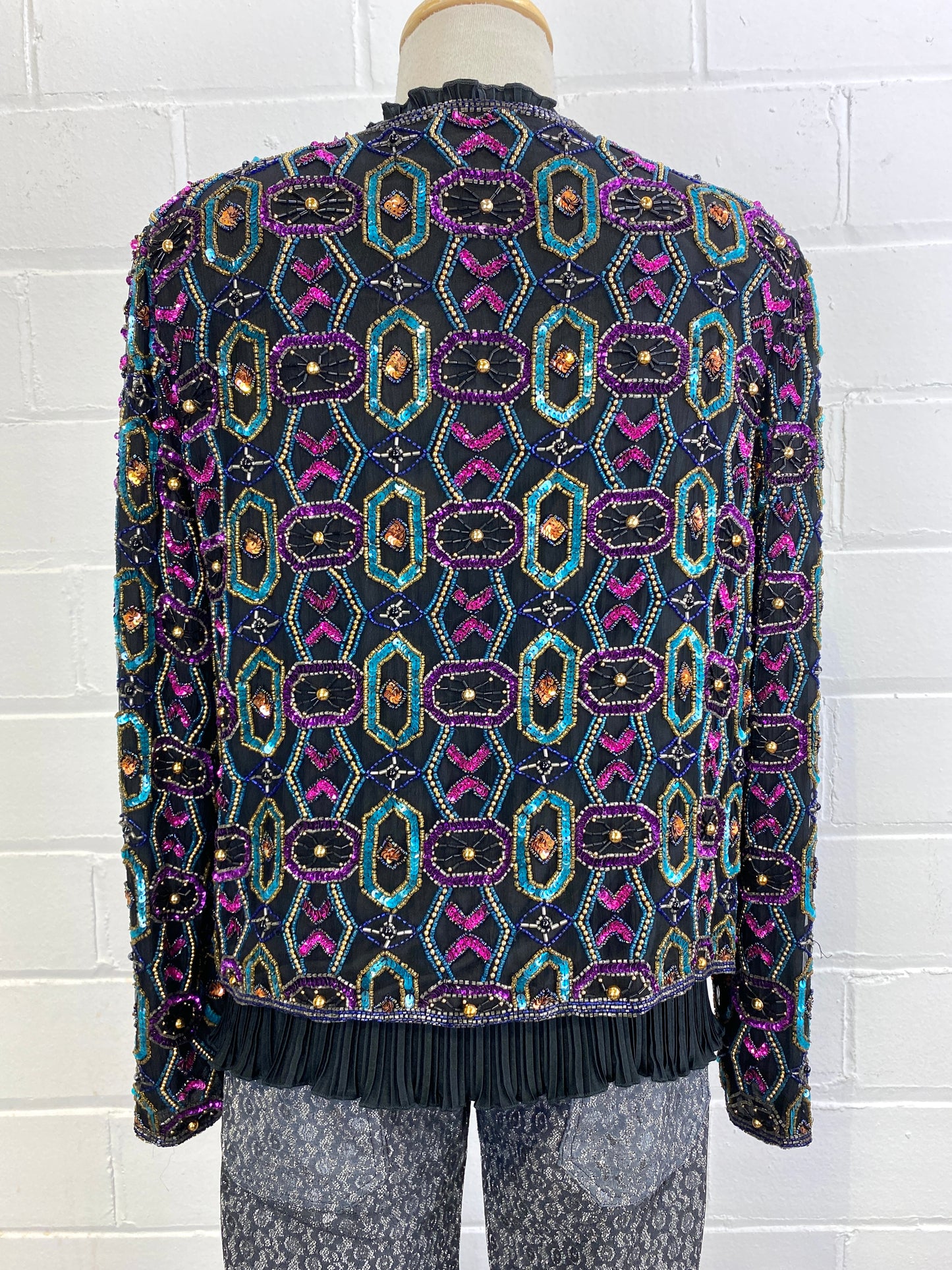 Vintage 1980s Black Beaded Sequin Cardigan Jacket, Papell Boutique, Medium 