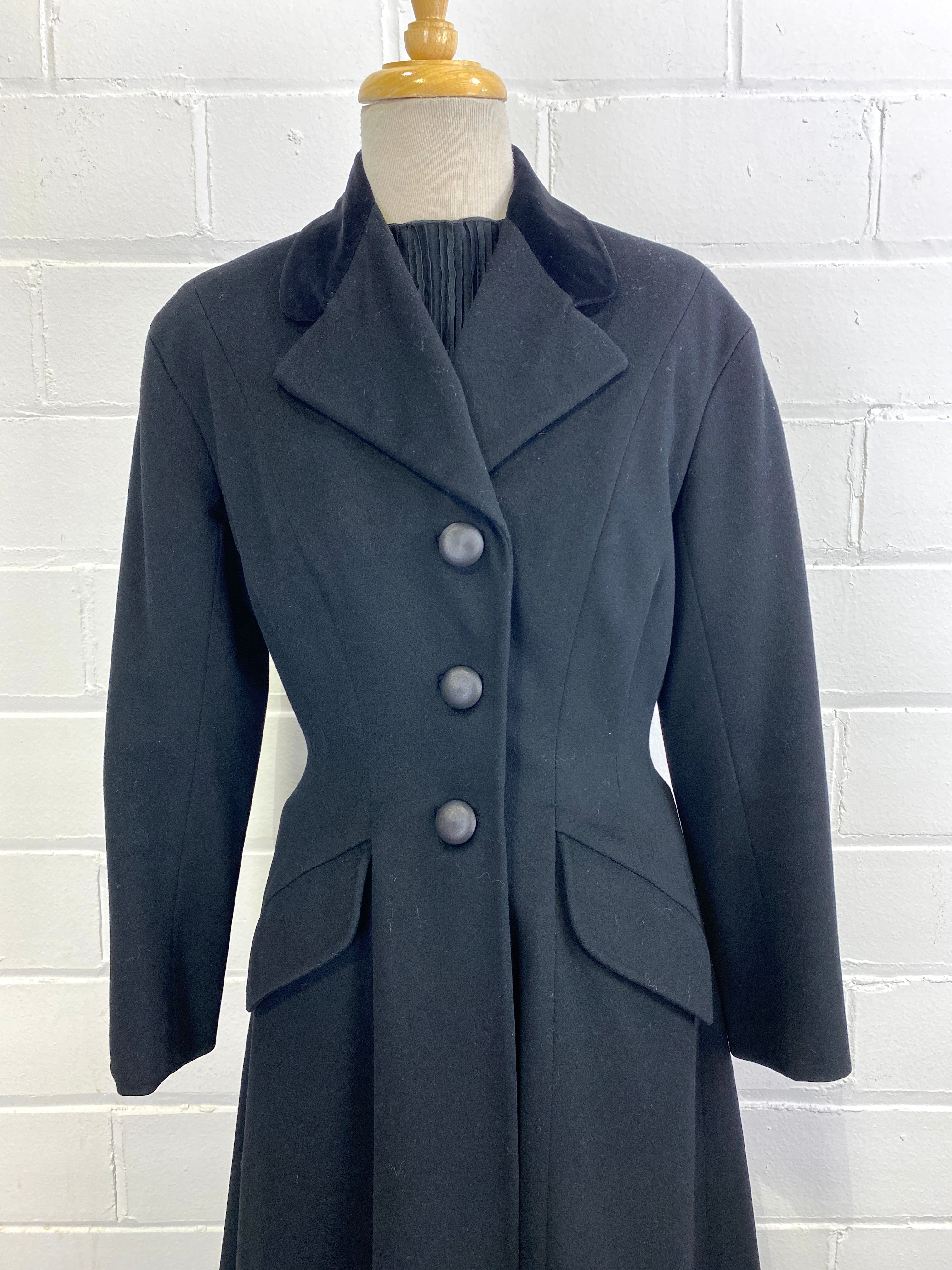 Vintage 1950s Black Wool Princess Dress Coat, Harrod's, XS-S