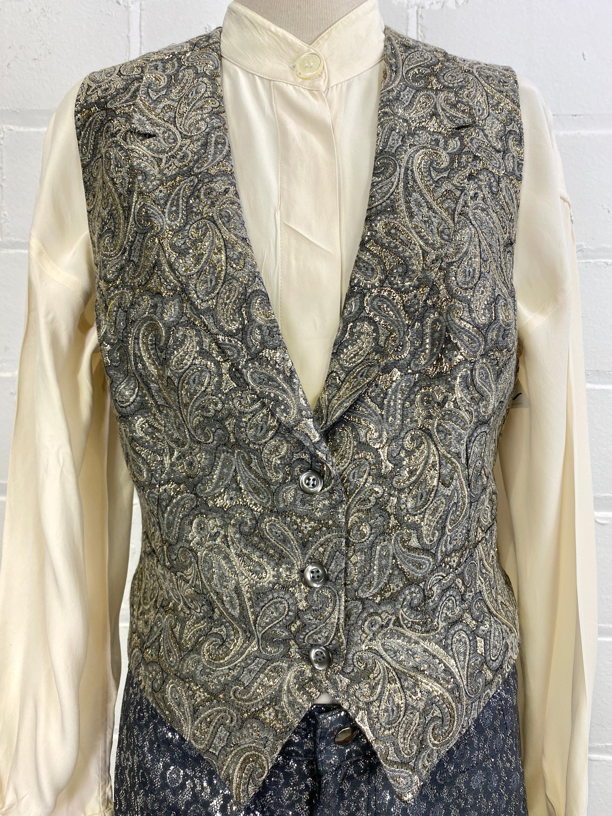 Vintage 1980s/ 90s Grey & Gold Metallic Paisley Vest & Tuxedo Jacket Set, Harriet Selling, Small 
