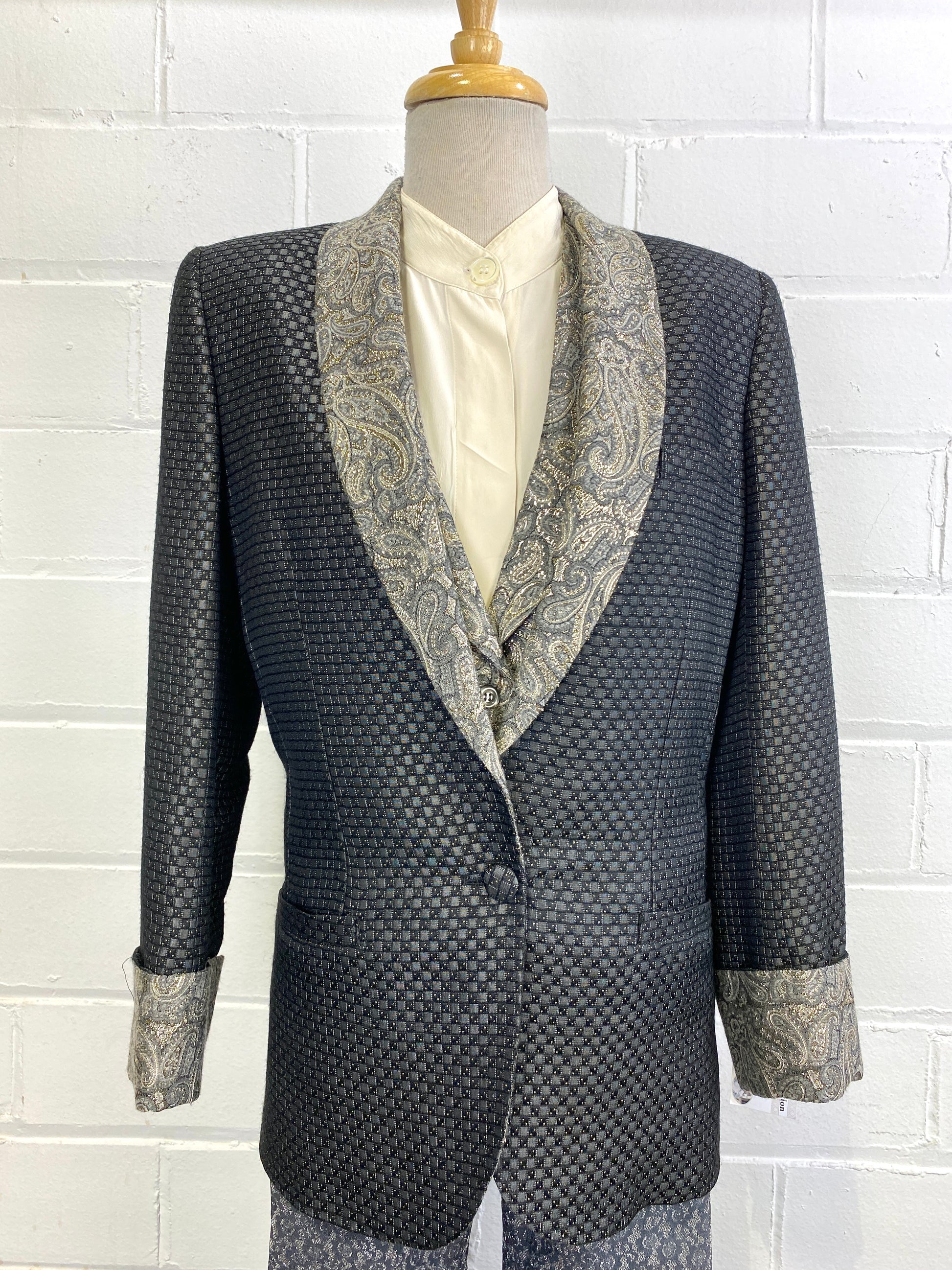 Vintage 1980s/ 90s Grey & Gold Metallic Paisley Vest & Tuxedo Jacket Set, Harriet Selling, Small 