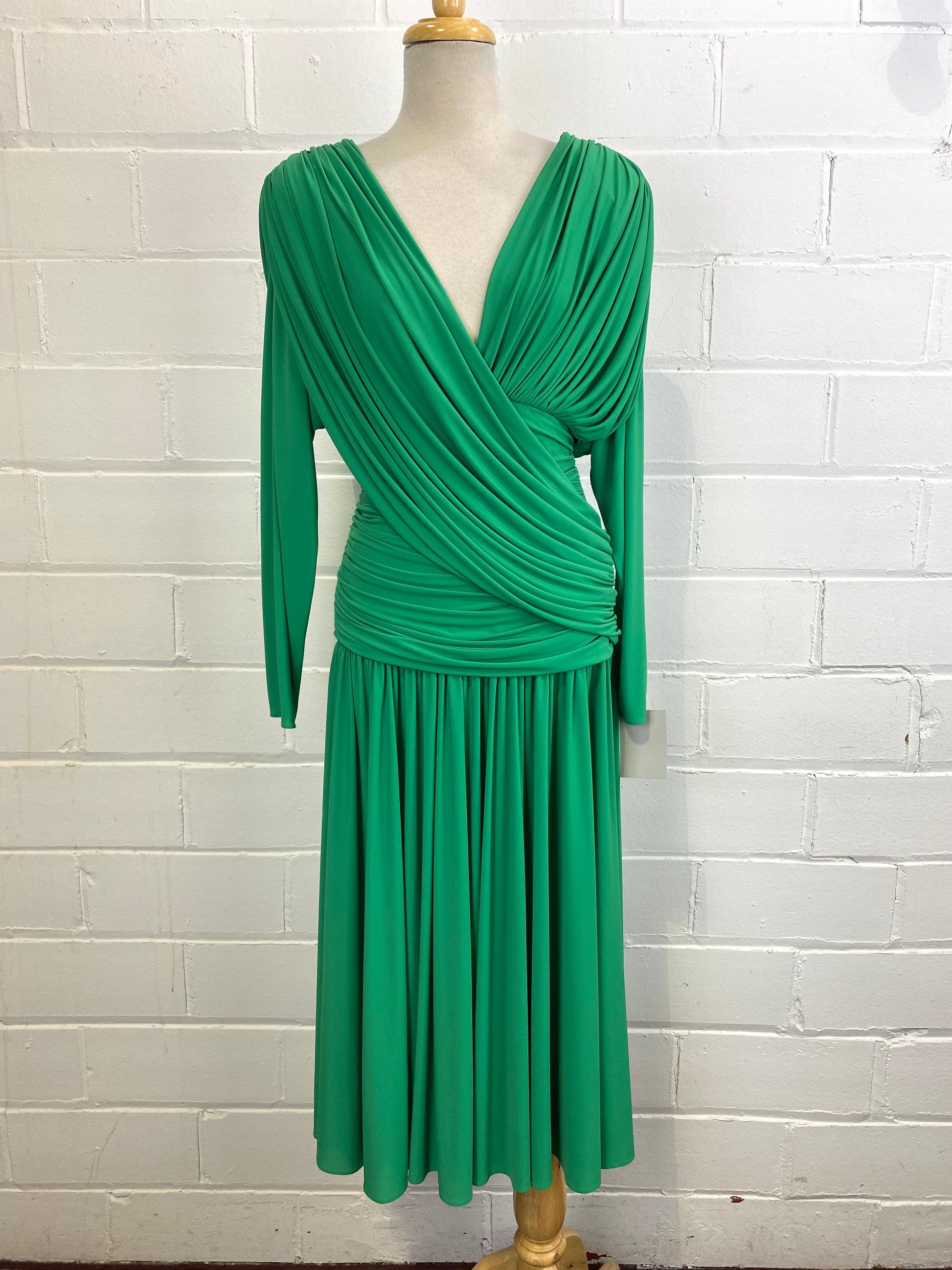 Vintage 1980s Kelly Green Ruched Jersey Dress, Medium 