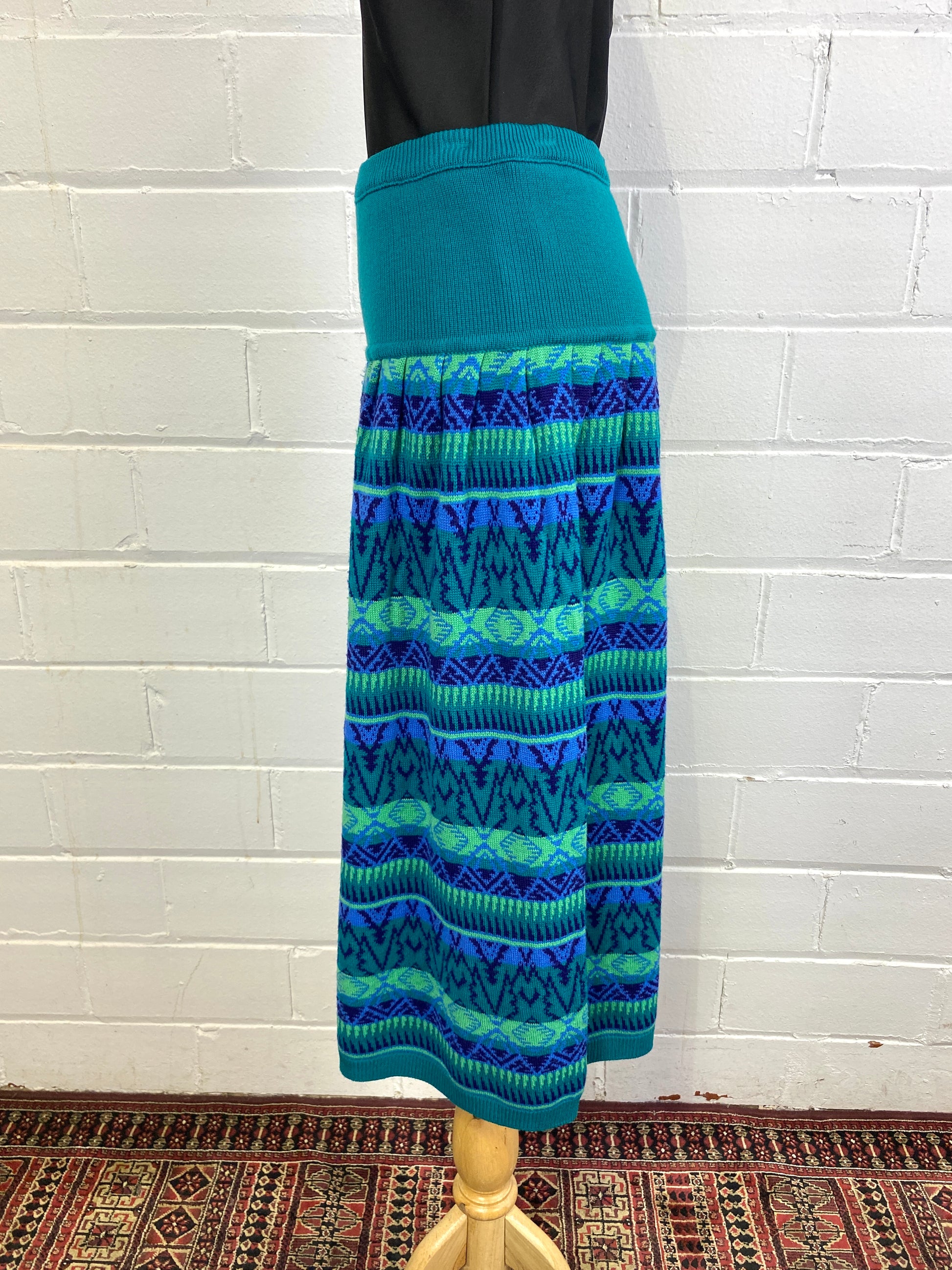 Vintage 1980s Rodier Teal Fair Isle Knit Dropwaist Midi Skirt, Medium 