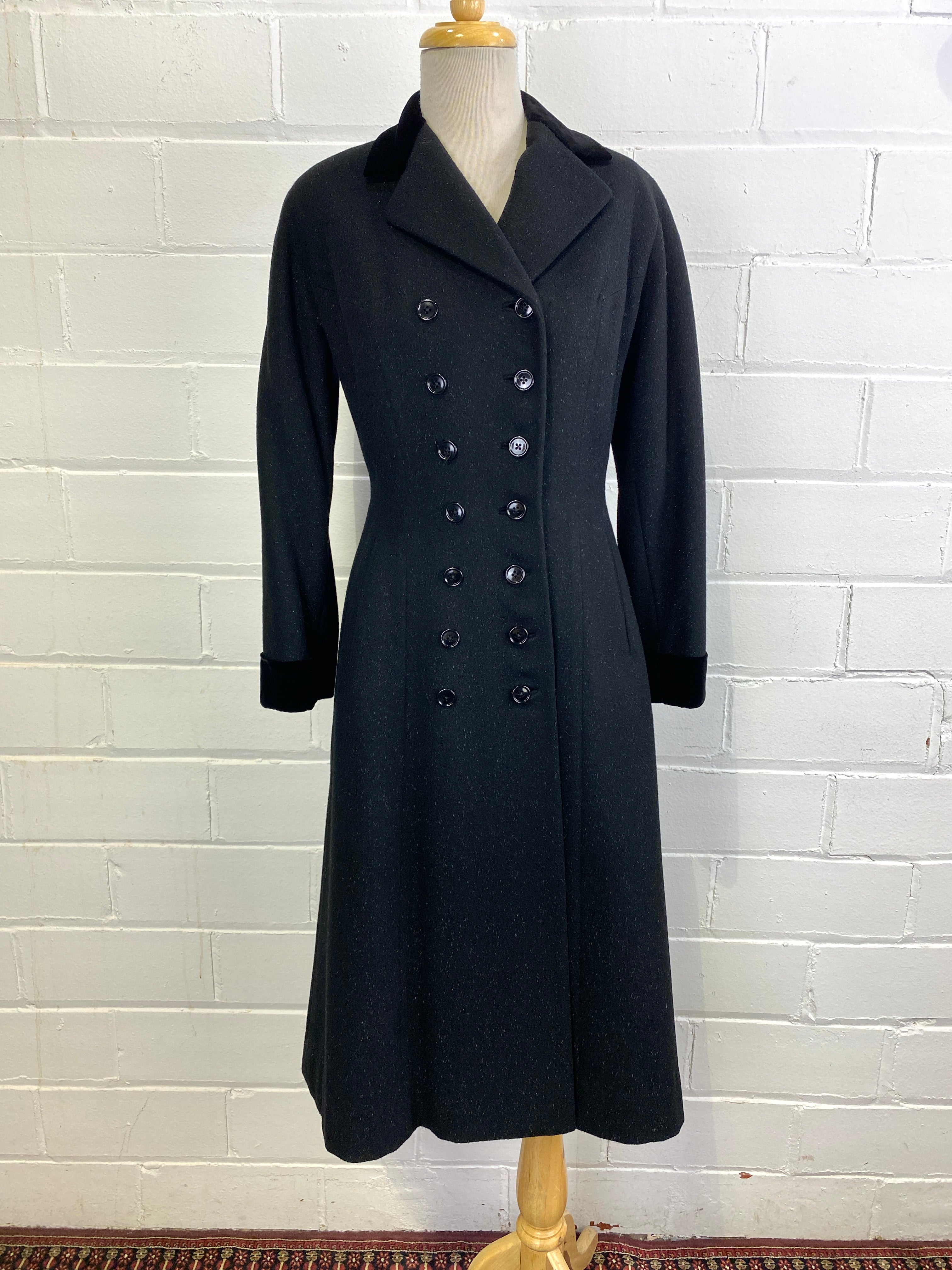 Vintage 1950s Black Wool Military-Style Double Breast Coat