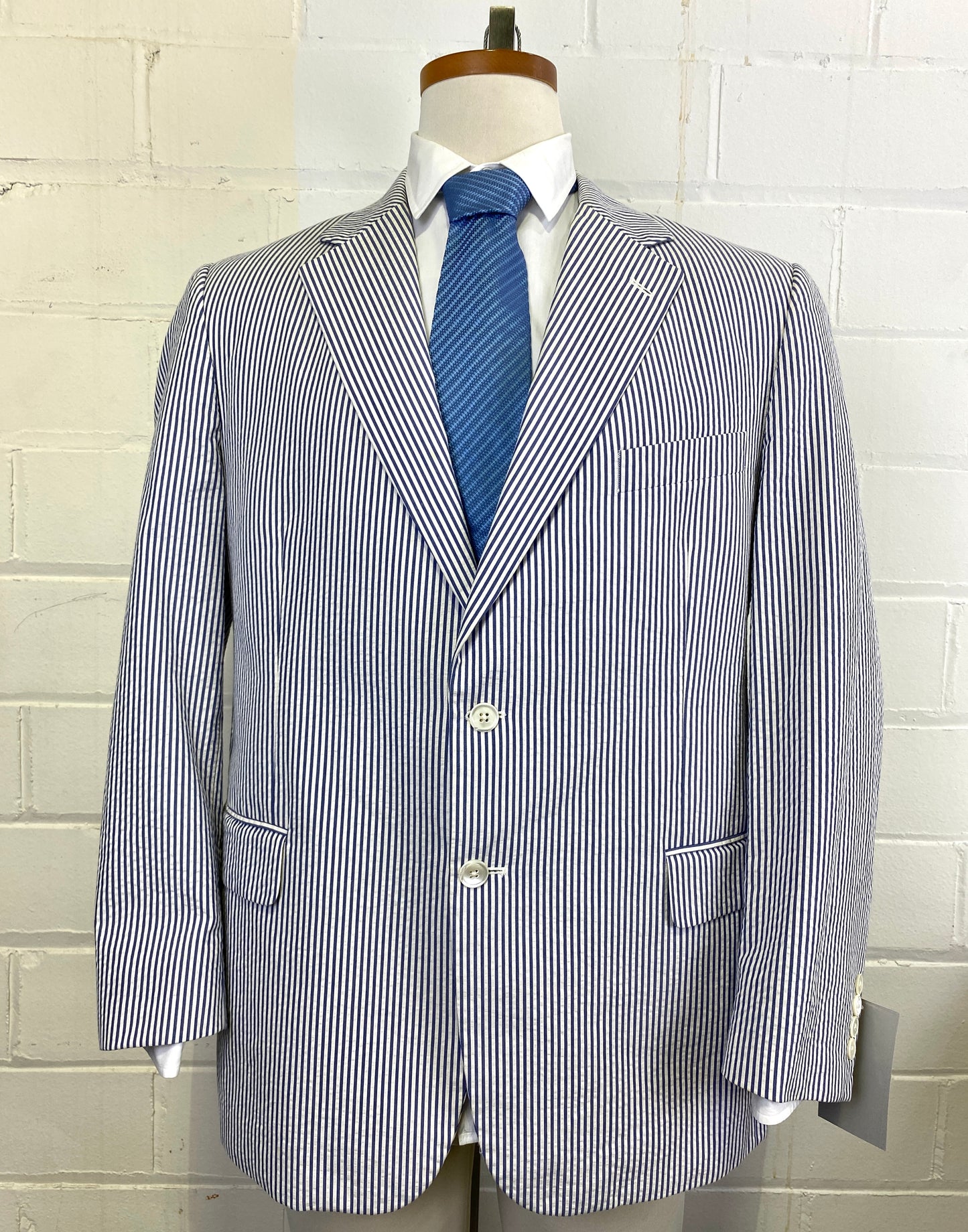 Contemporary Men's Seersucker Blue/ White Stripe Blazer, Brook's Brothers Double-Button Jacket, C44