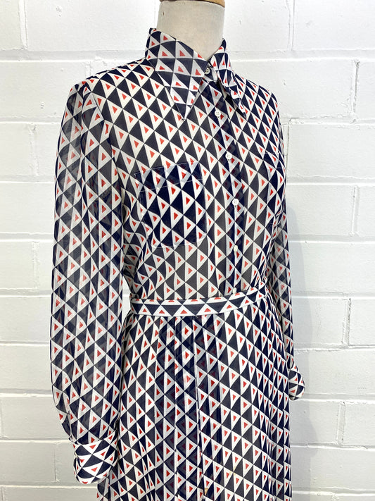 Vintage 1970s Women's 2-Piece Blue & Red Geometric Print Skirt & Blouse Set, Small