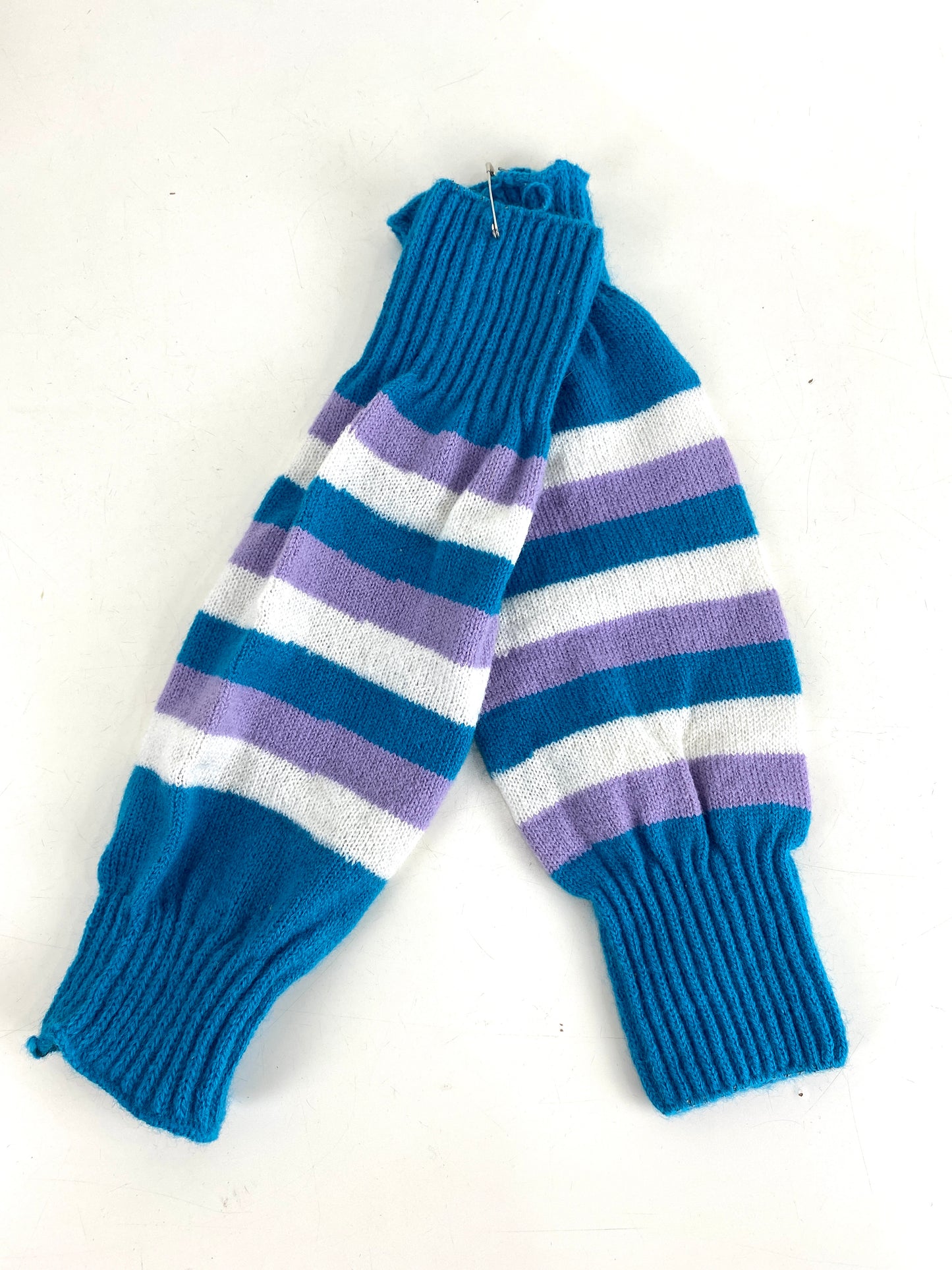 1980s Vintage Deadstock Acrylic Knit Leg Warmers, Blue/ Purple Stripe, NOS