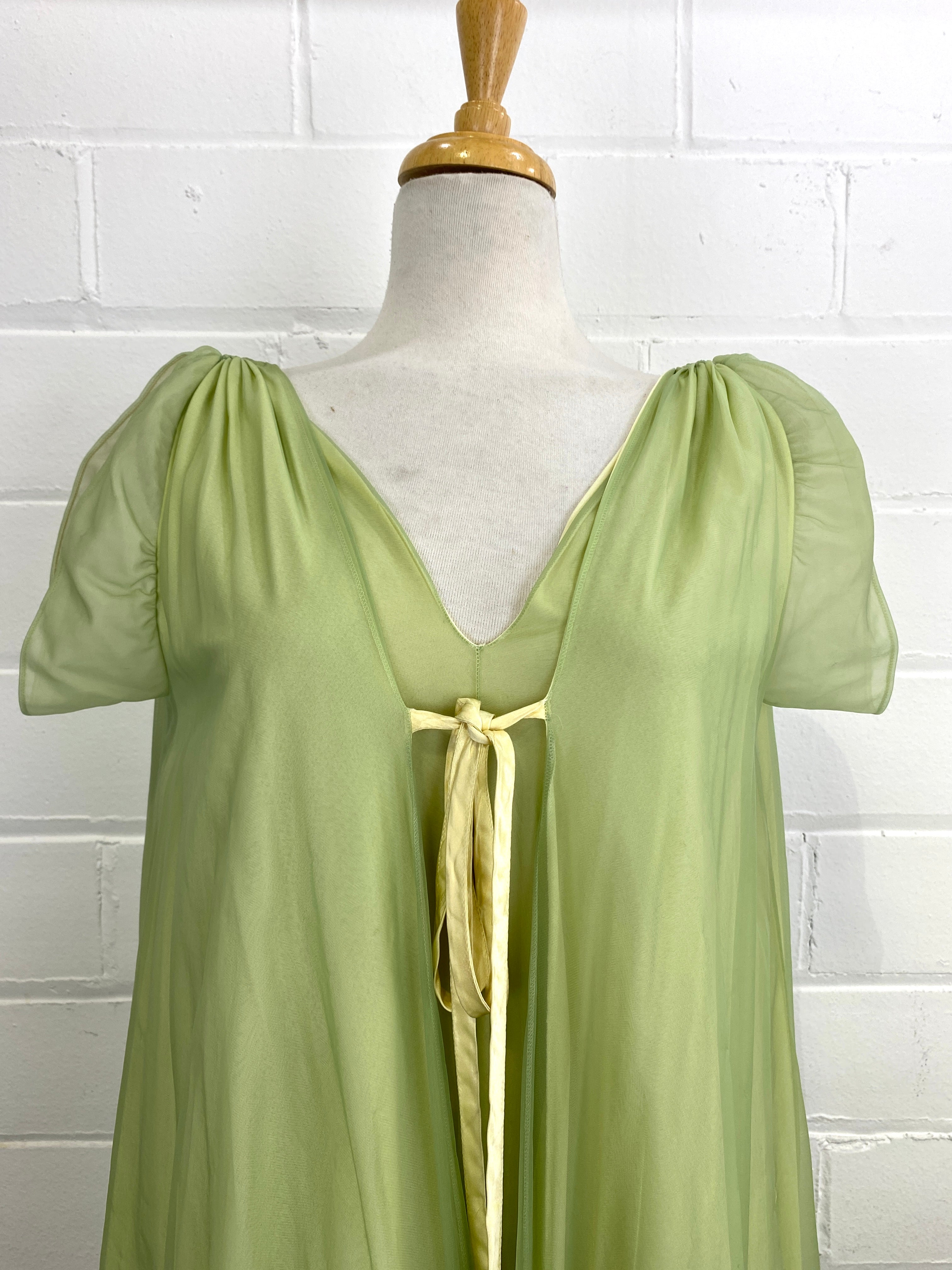 1960s lime green bustier peignoir set / quilted long layered hot nightgown lined slip dress lingerie puffy sleeves robe negligee gown babydoll