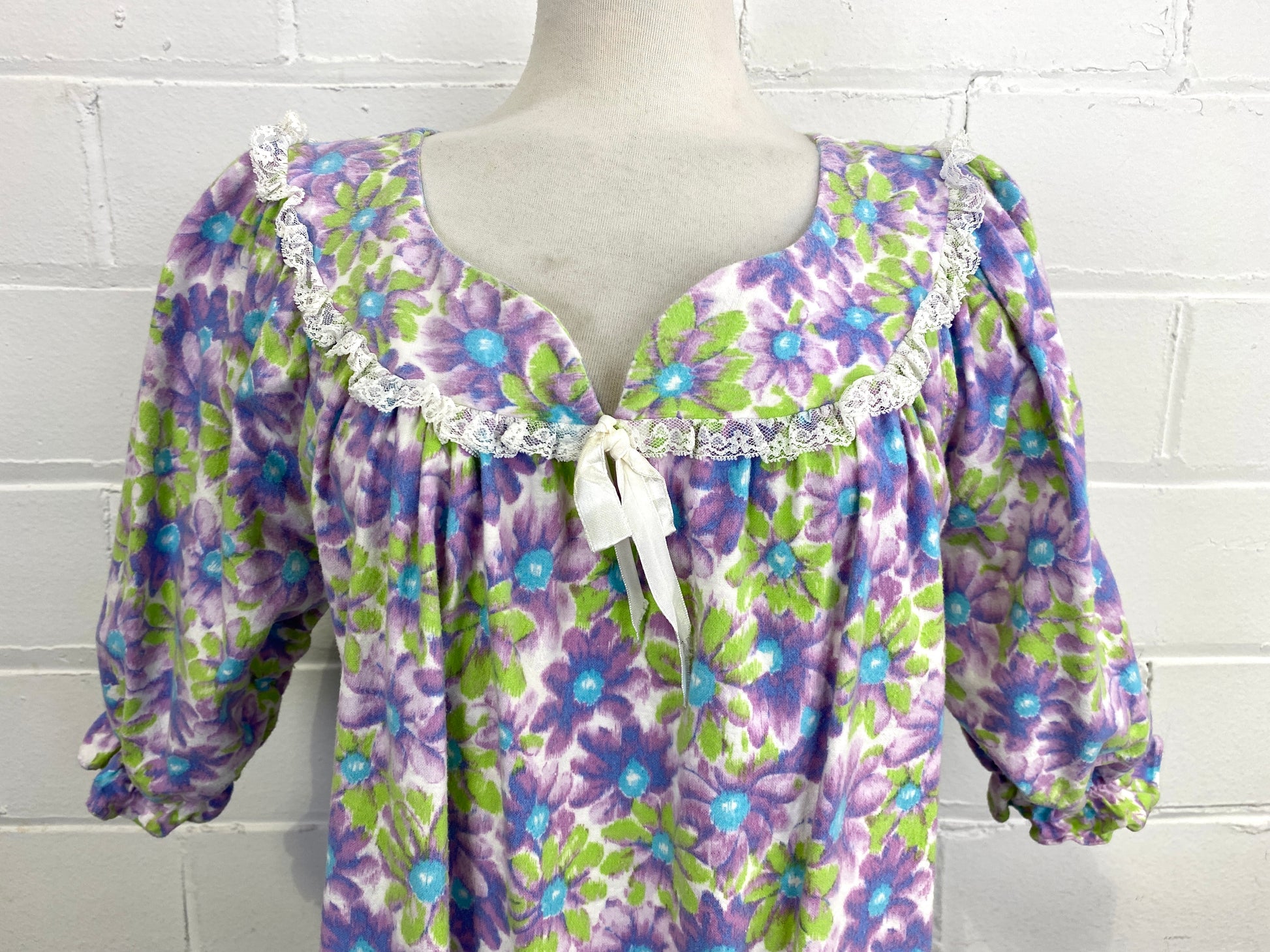 Vintage Deadstock Purple Floral Flannel Night Dress, Med & Lrg
