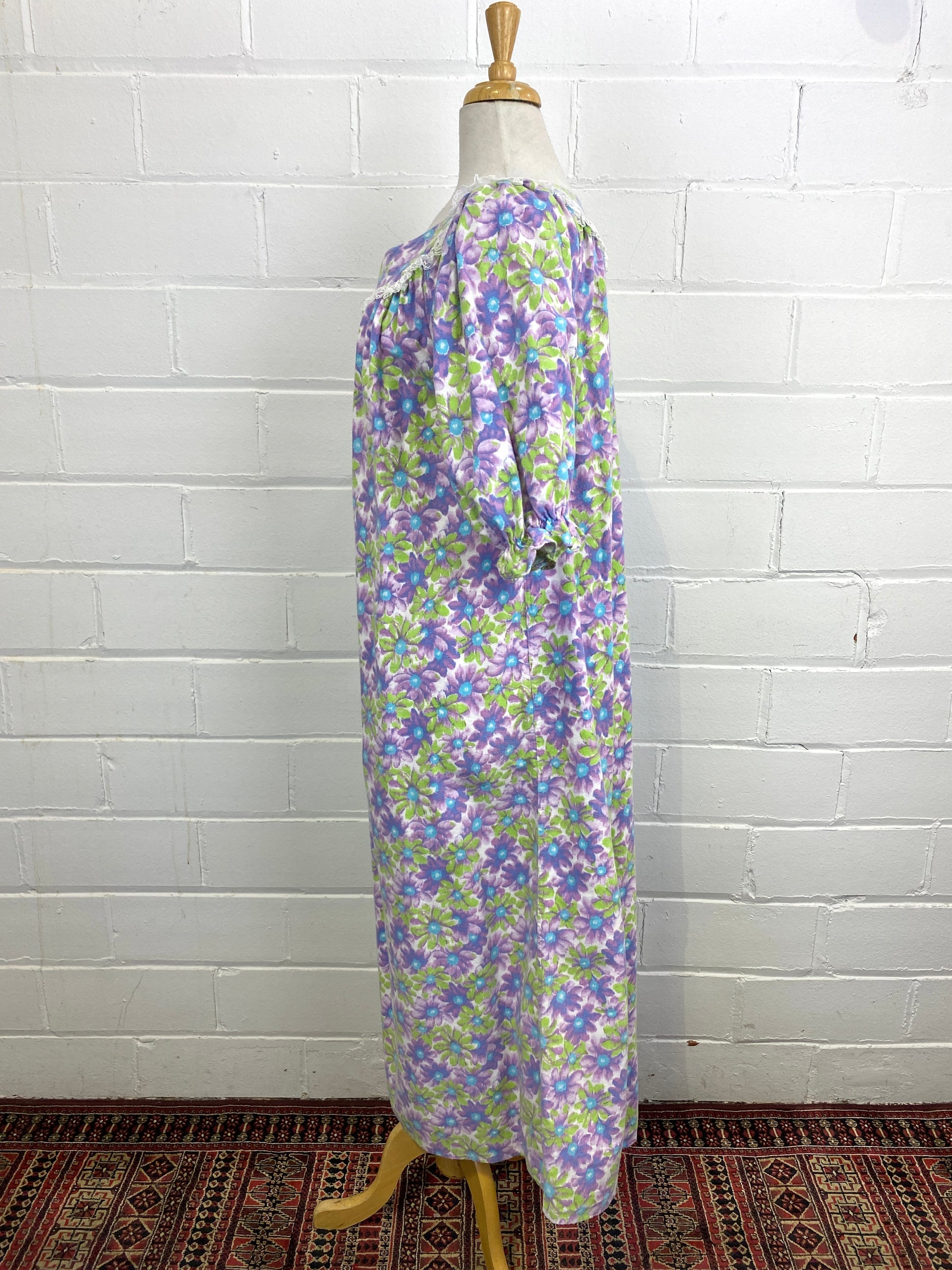 Vintage Deadstock Purple Floral Flannel Night Dress, Med & Lrg