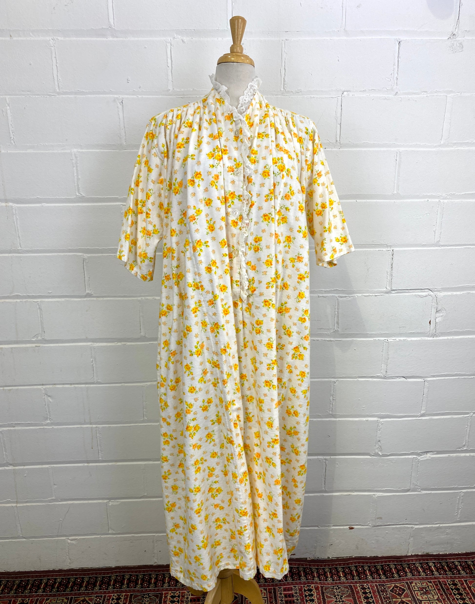 Vintage Deadstock Yellow Floral Flannel Night Dress, Large Doubles, NOS Vintage Deadstock Yellow Floral Flannel Night Dress, Large Doubles, NOS