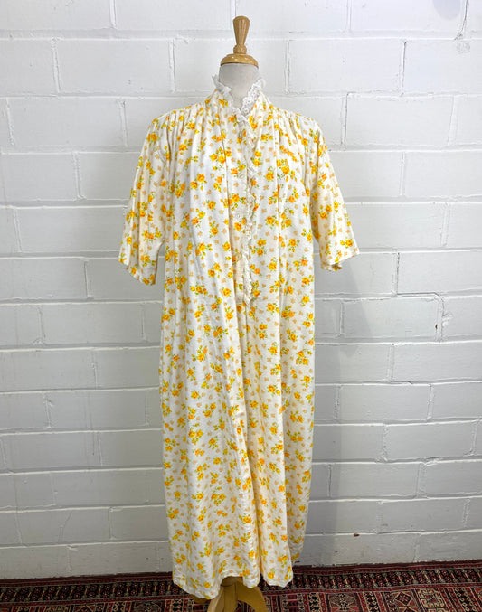Vintage Deadstock Yellow Floral Flannel Night Dress, Large Doubles, NOS