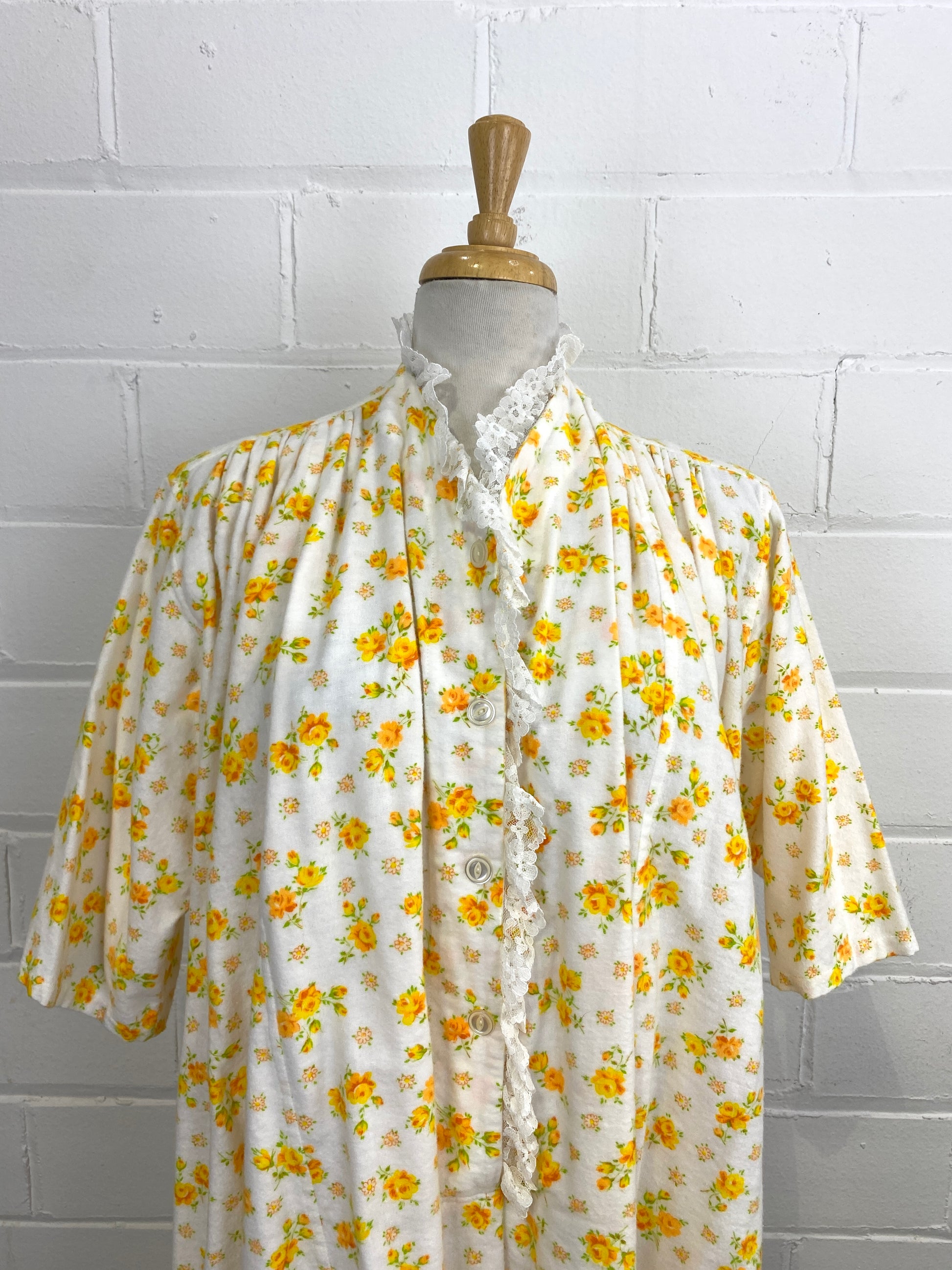 Vintage Deadstock Yellow Floral Flannel Night Dress, Large Doubles, NOS