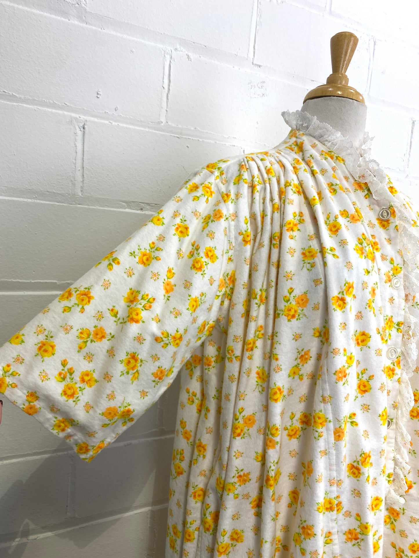 Vintage Deadstock Yellow Floral Flannel Night Dress, Large Doubles, NOS