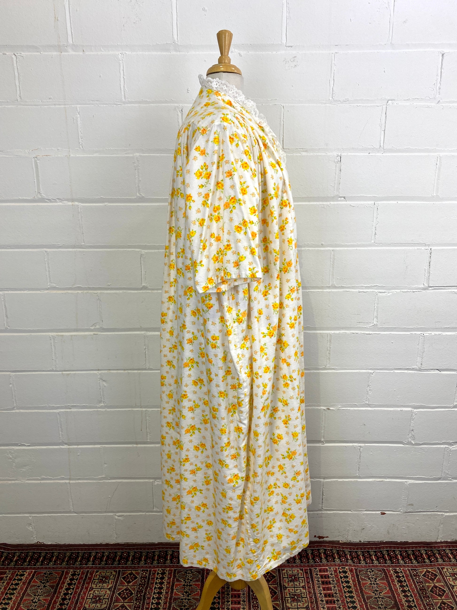 Vintage Deadstock Yellow Floral Flannel Night Dress, Large Doubles, NOS Vintage Deadstock Yellow Floral Flannel Night Dress, Large Doubles, NOS