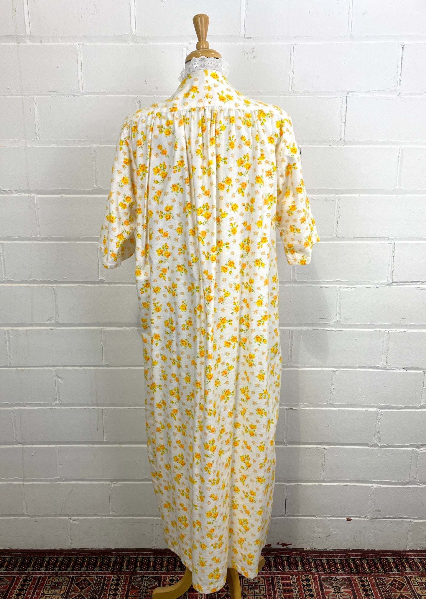 Vintage Deadstock Yellow Floral Flannel Night Dress, Large Doubles, NOS