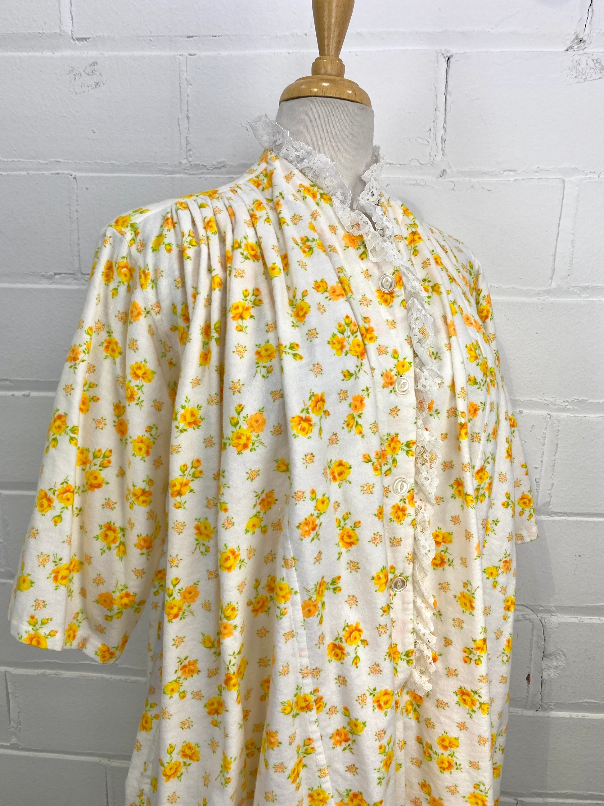 Vintage Deadstock Yellow Floral Flannel Night Dress, Large Doubles, NOS