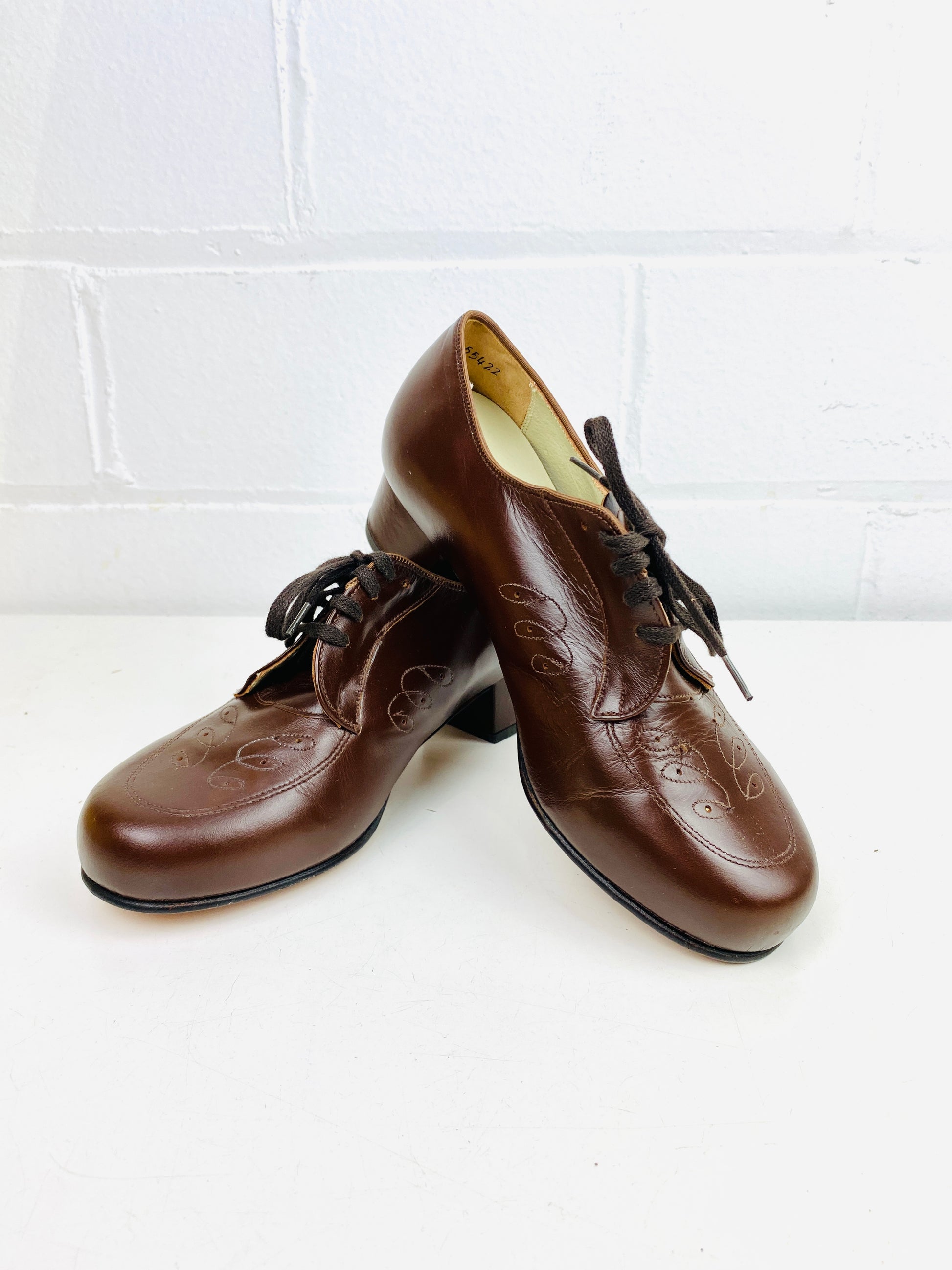 Vintage Deadstock Shoes, Women's 1980s Brown Leather Oxford's, Cuban Heels, NOS