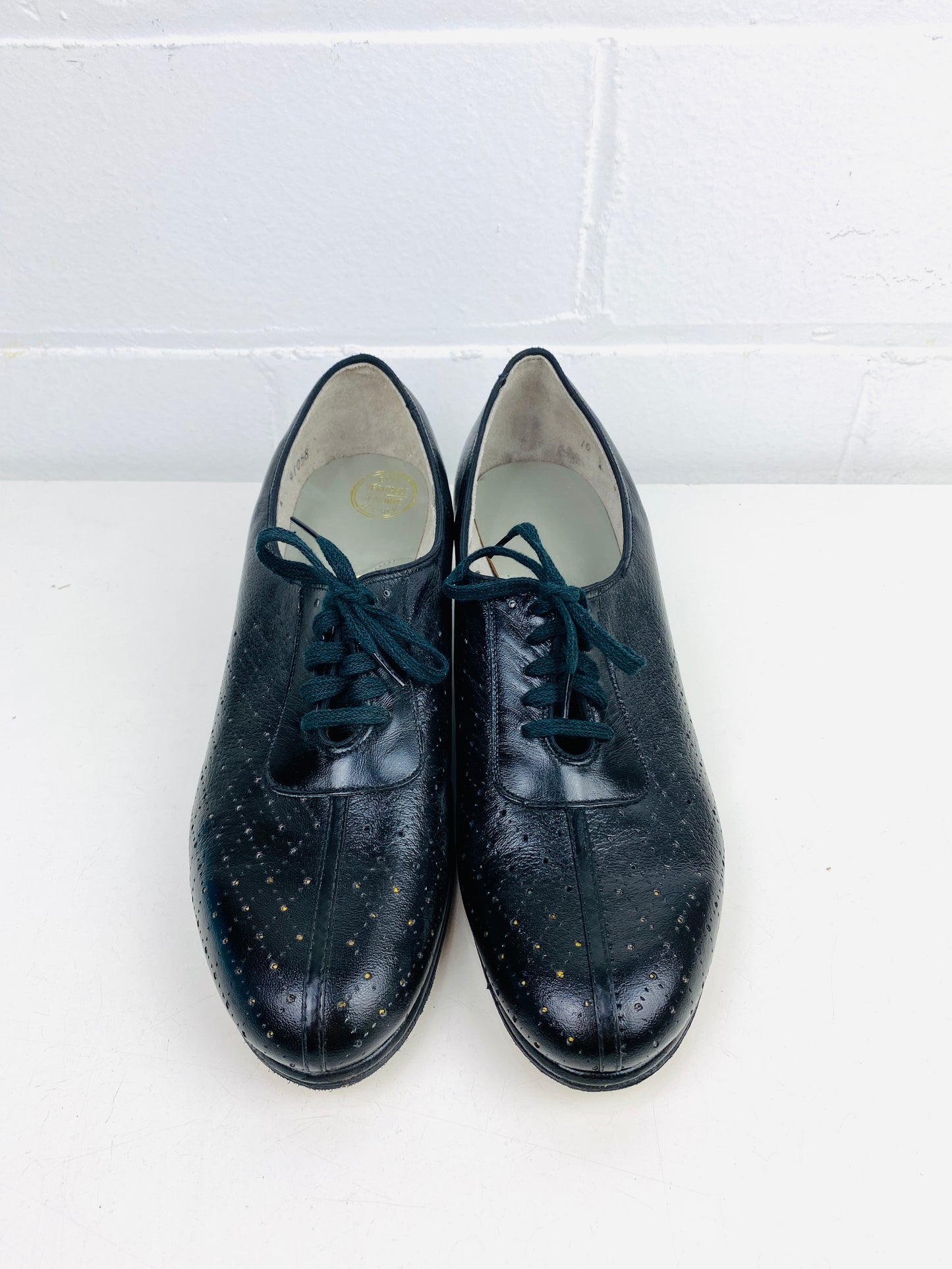 Vintage Deadstock Shoes, Women's 1980s Black Leather Oxford's, Cuban Heels, NOS