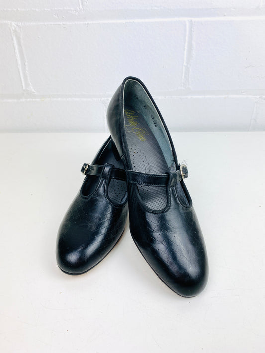 Vintage Deadstock Shoes, Women's 1980s Black Leather Cuban Heel T-Strap Pump's, NOS