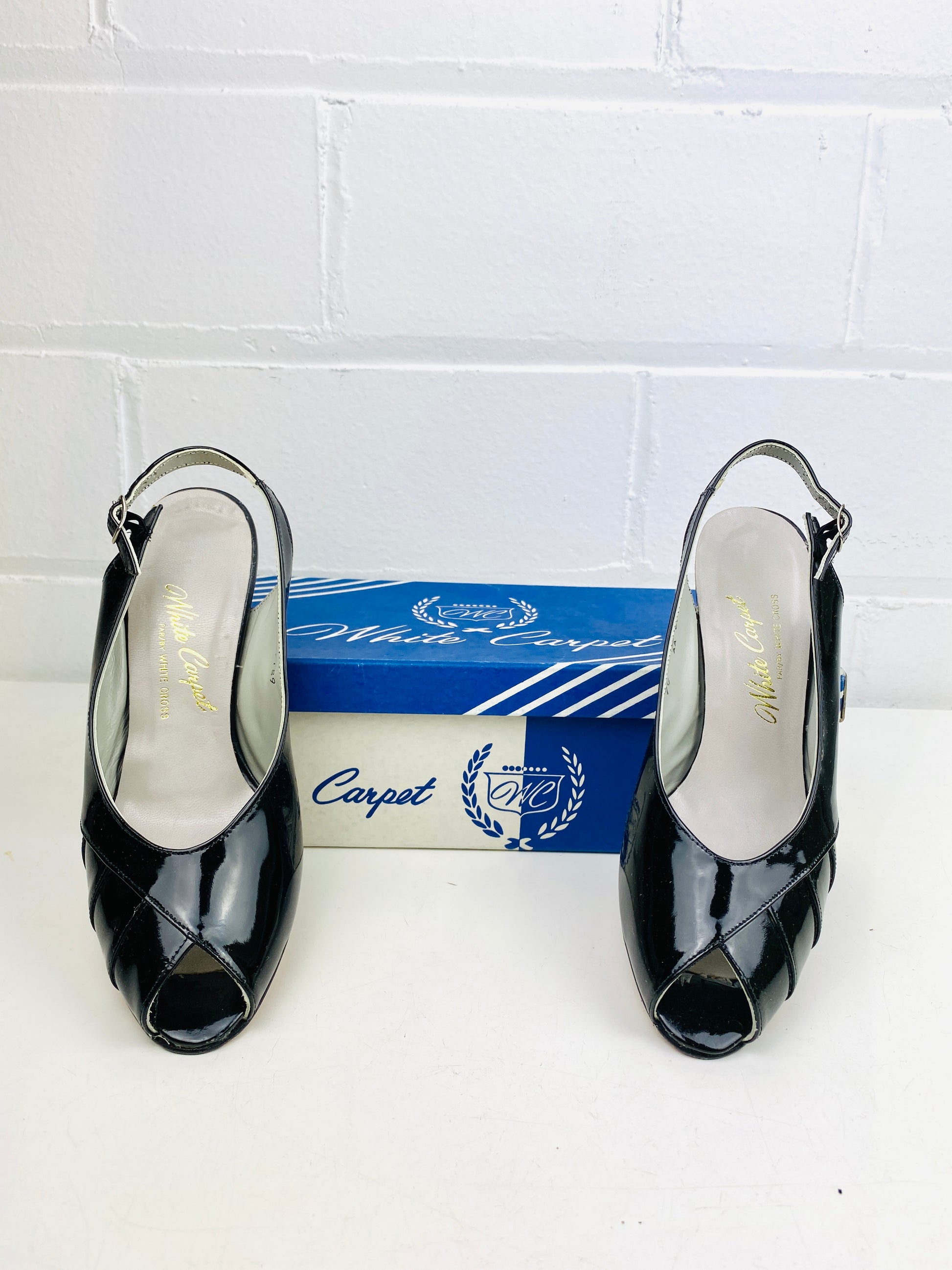Vintage Deadstock Shoes, Women's 1980s Black Sling-Back Patent Leather Pumps NOS