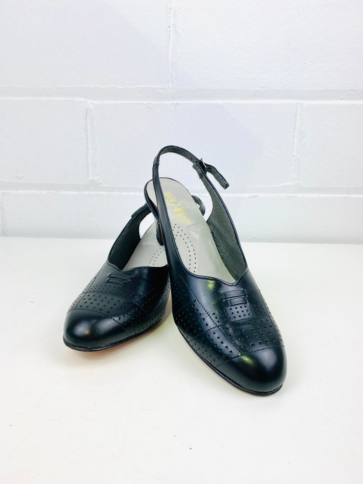Vintage Deadstock Shoes, Women's 1980s Black Leather Mid-Heel Sling-Back Pumps, NOS, 8577