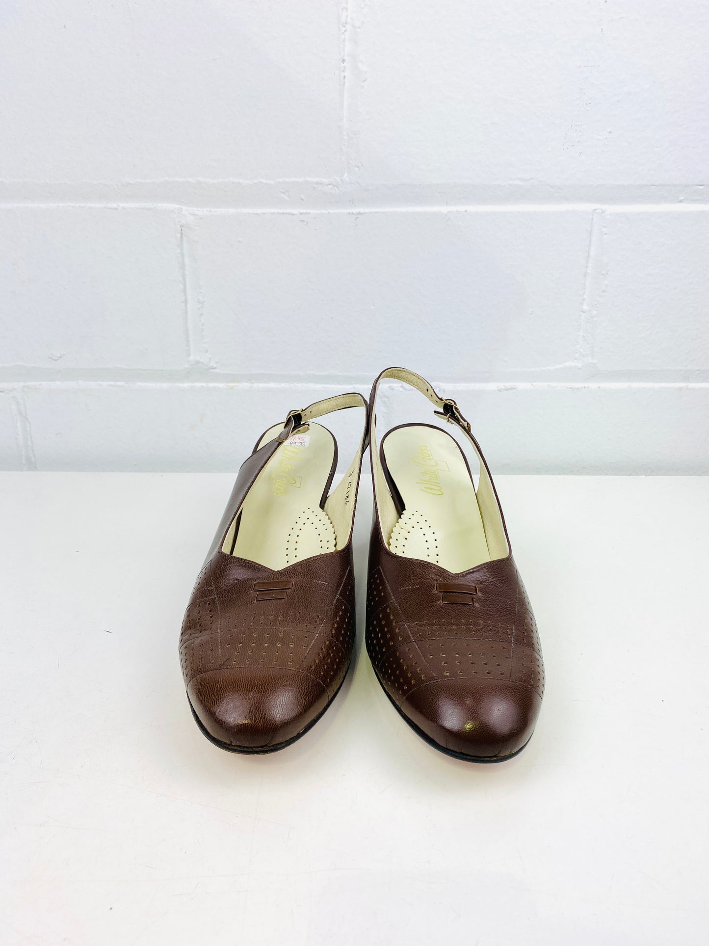 Vintage Deadstock Shoes, Women's 1980s Brown Leather Mid-Heel Sling-Back Pumps, NOS, 8577
