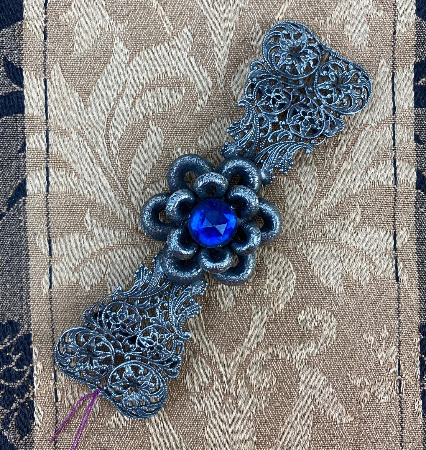 Vintage Art Nouveau Belt Buckle with Blue Glass Stone in Flower 