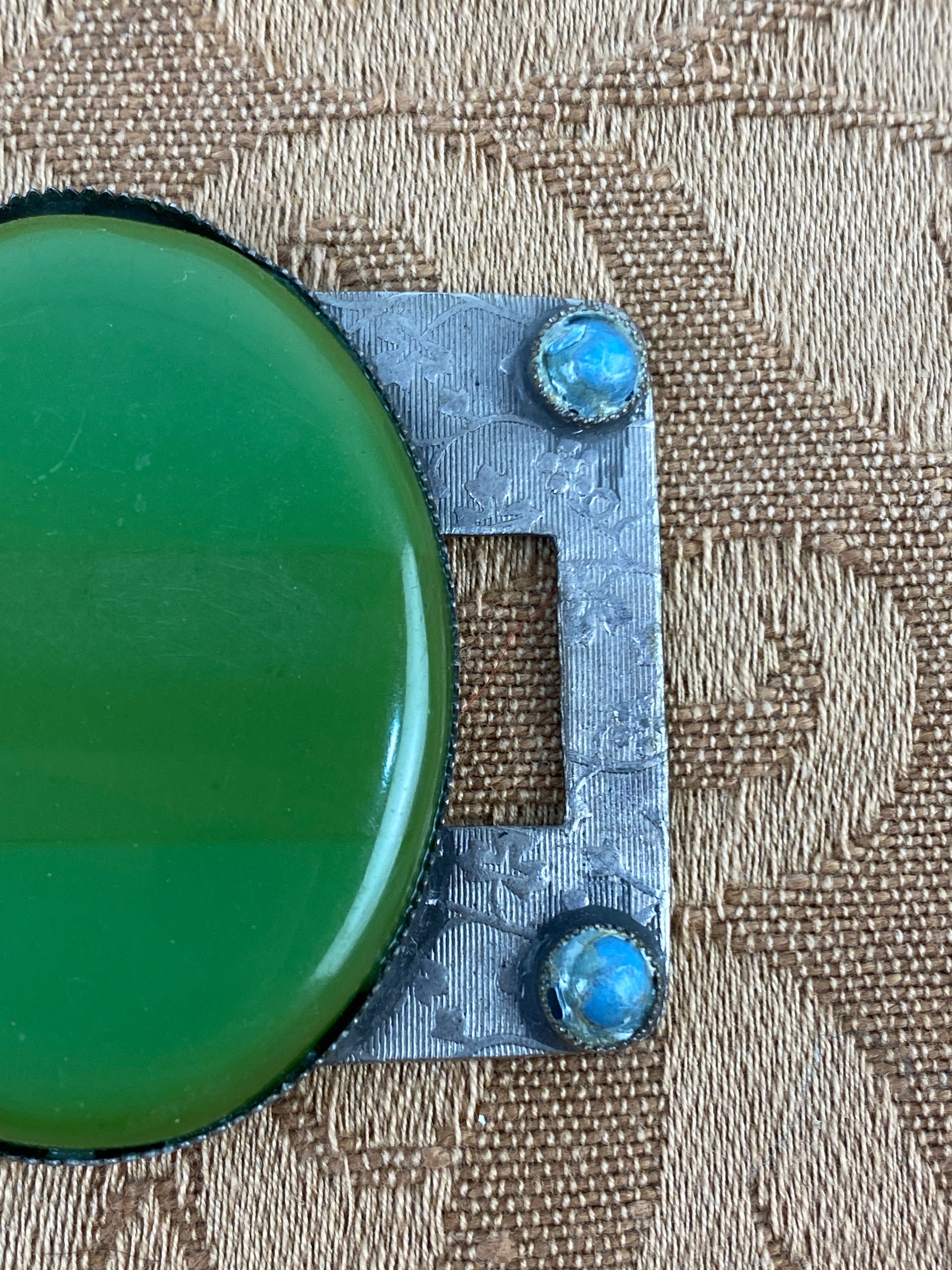 Vintage 1930s Art Deco Green Glass Oval Reinad Metal Buckle
