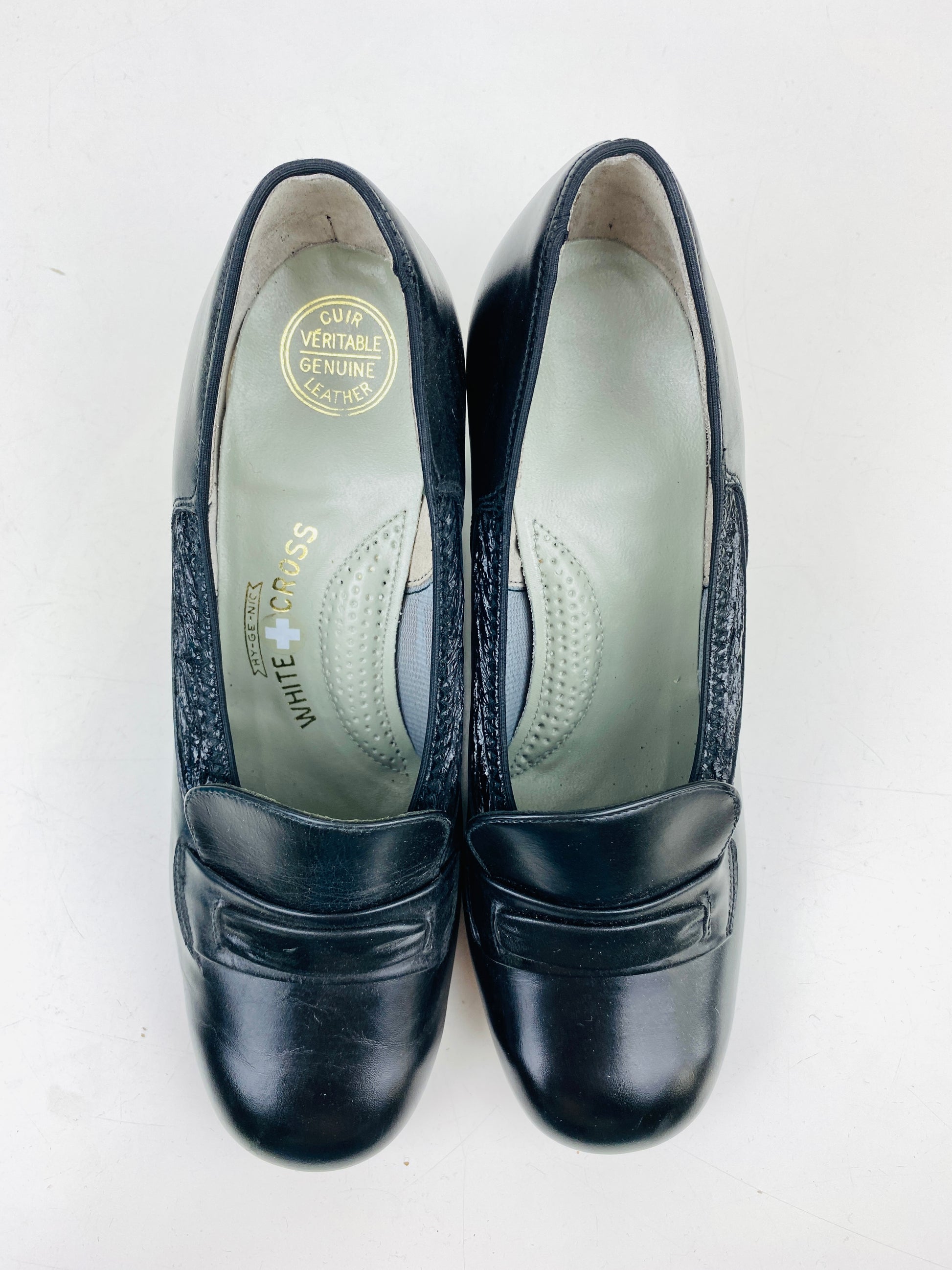 Vintage Deadstock Shoes, Women's 1980s Black Leather Cuban Heel Pumps, NOS, 7740