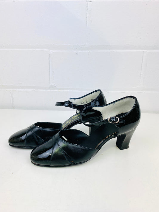 Vintage Deadstock Shoes, Women's 1980s Black Leather Mid-Heel Sandals, NOS, 7489