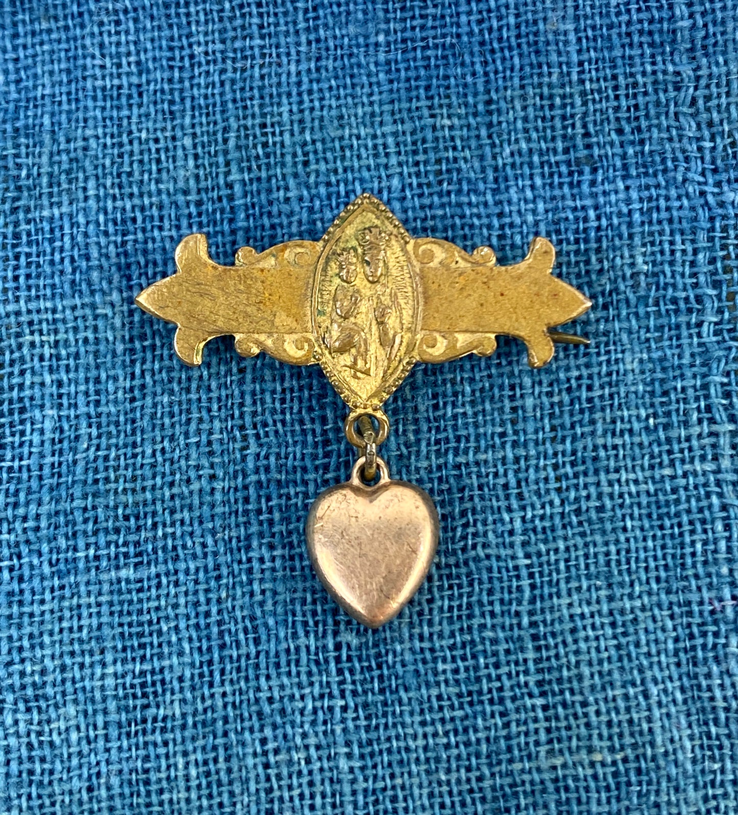 Antique Victorian Religious Brass Pin-Back Metal Brooch/ Bar Pin with Heart Dangle