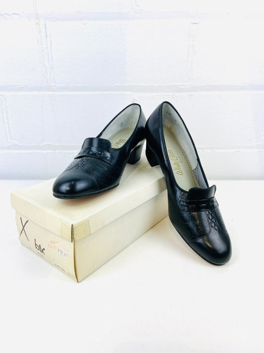 Vintage Deadstock Shoes, Women's 1980s Black Leather Cuban Heel Pumps, NOS, 8195