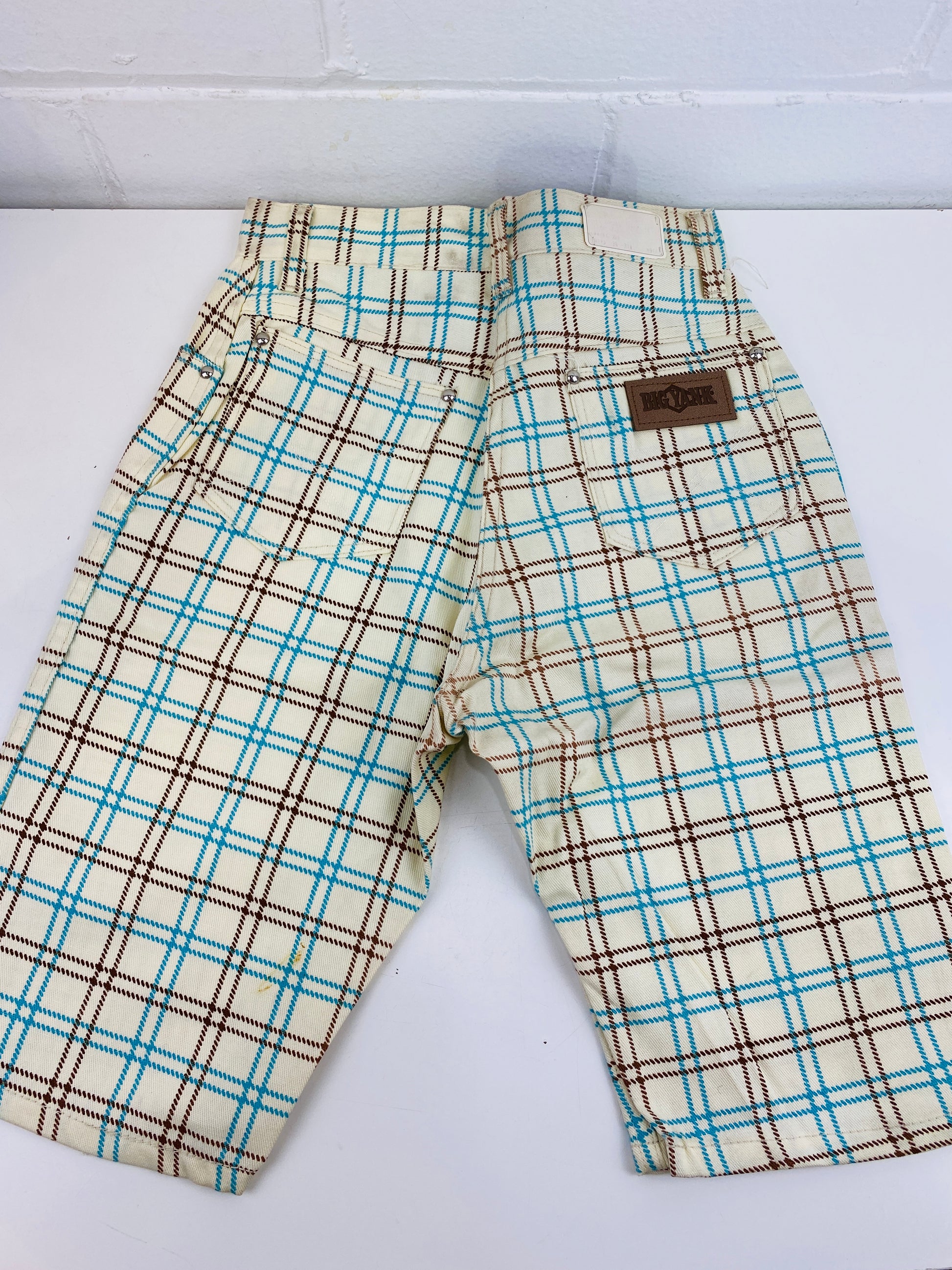 Vintage 1970s Deadstock Girls Jeans, Kids 'Big Yank' Cut-Off Jean Shorts, Blue Tattersall Plaid, NOS