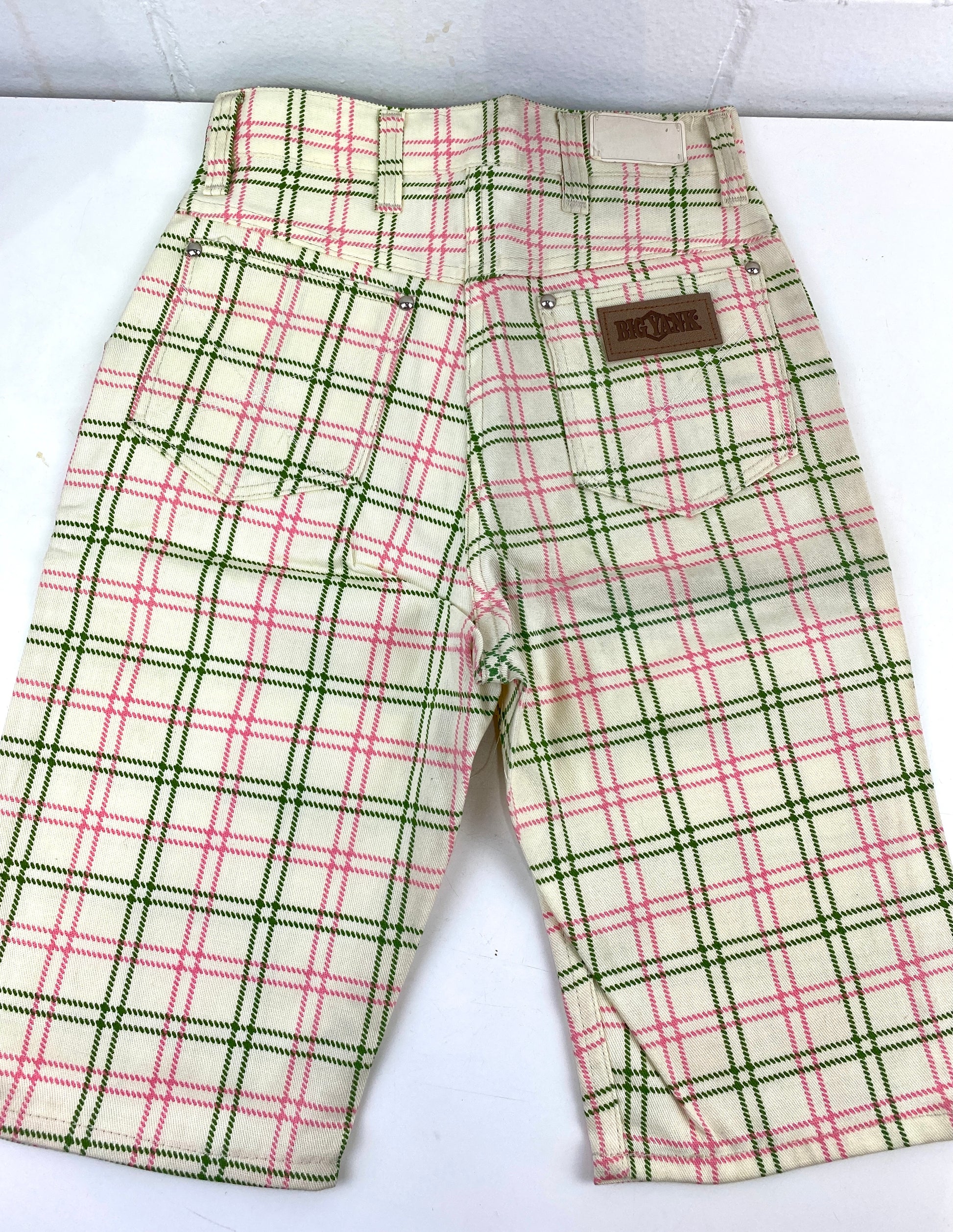 Vintage 1970s Deadstock Girls Jeans, Kids 'Big Yank' Cut-Off Jean Shorts, Pink Tattersall Plaid, NOS