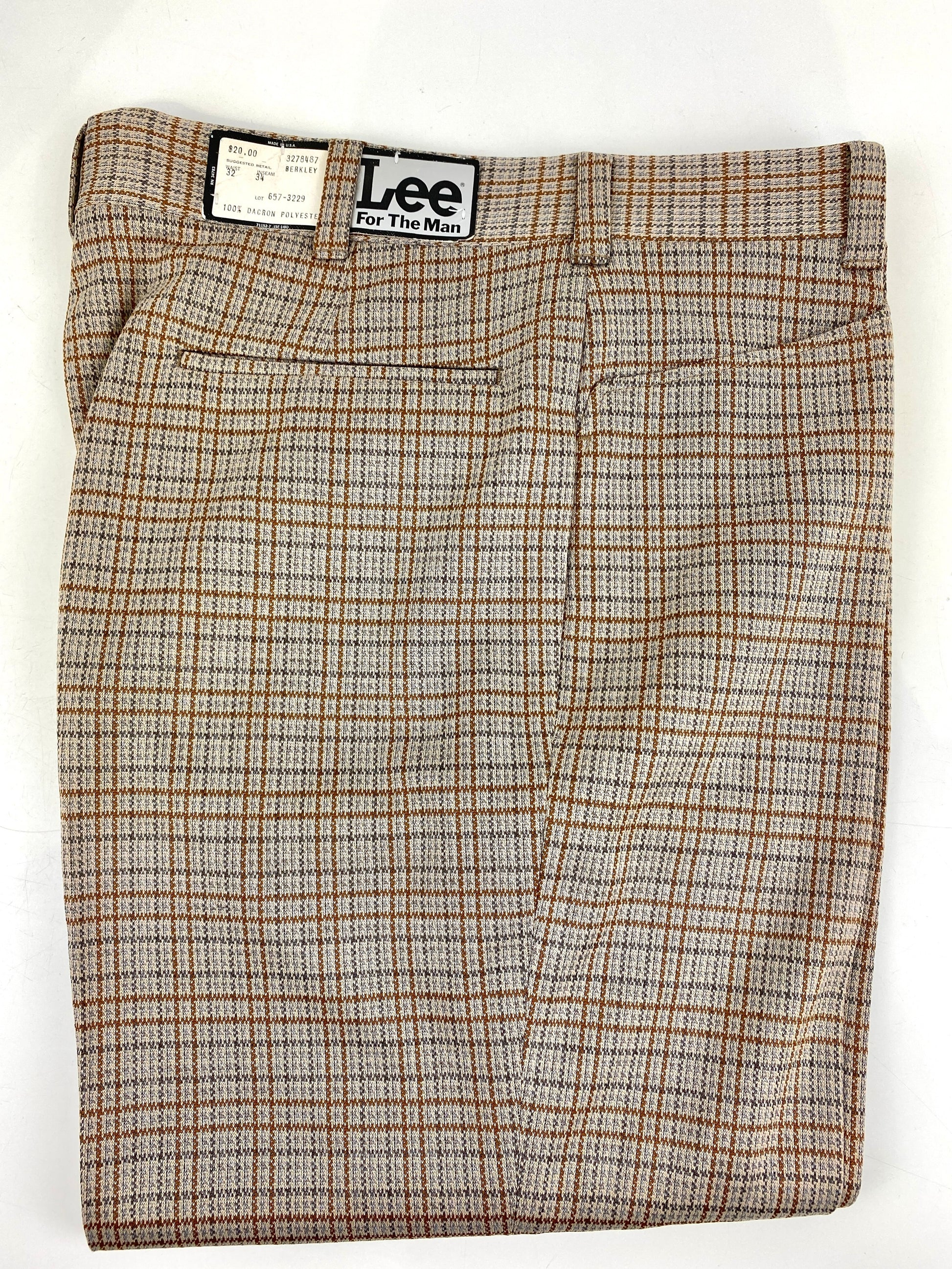 Vintage 1970s Deadstock Lee Polyester Flared Trousers, Men's Brown Plaid Slacks, NOS