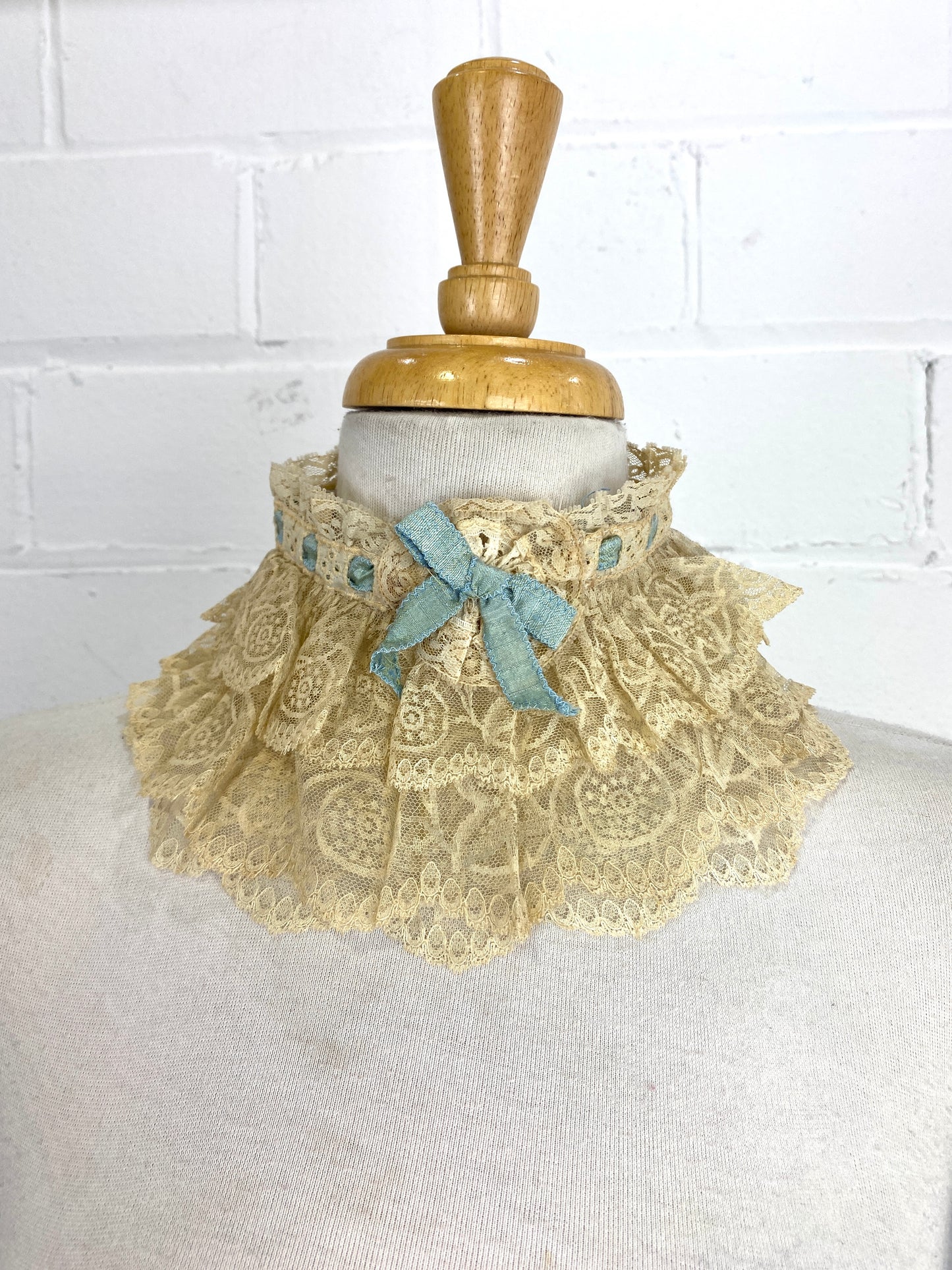 Antique Victorian Beige Lace Ruffle Collar with Blue Bow Ribbon 