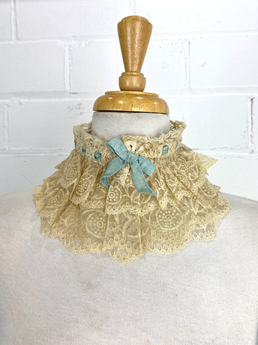 Antique Victorian Beige Lace Ruffle Collar with Blue Bow Ribbon 