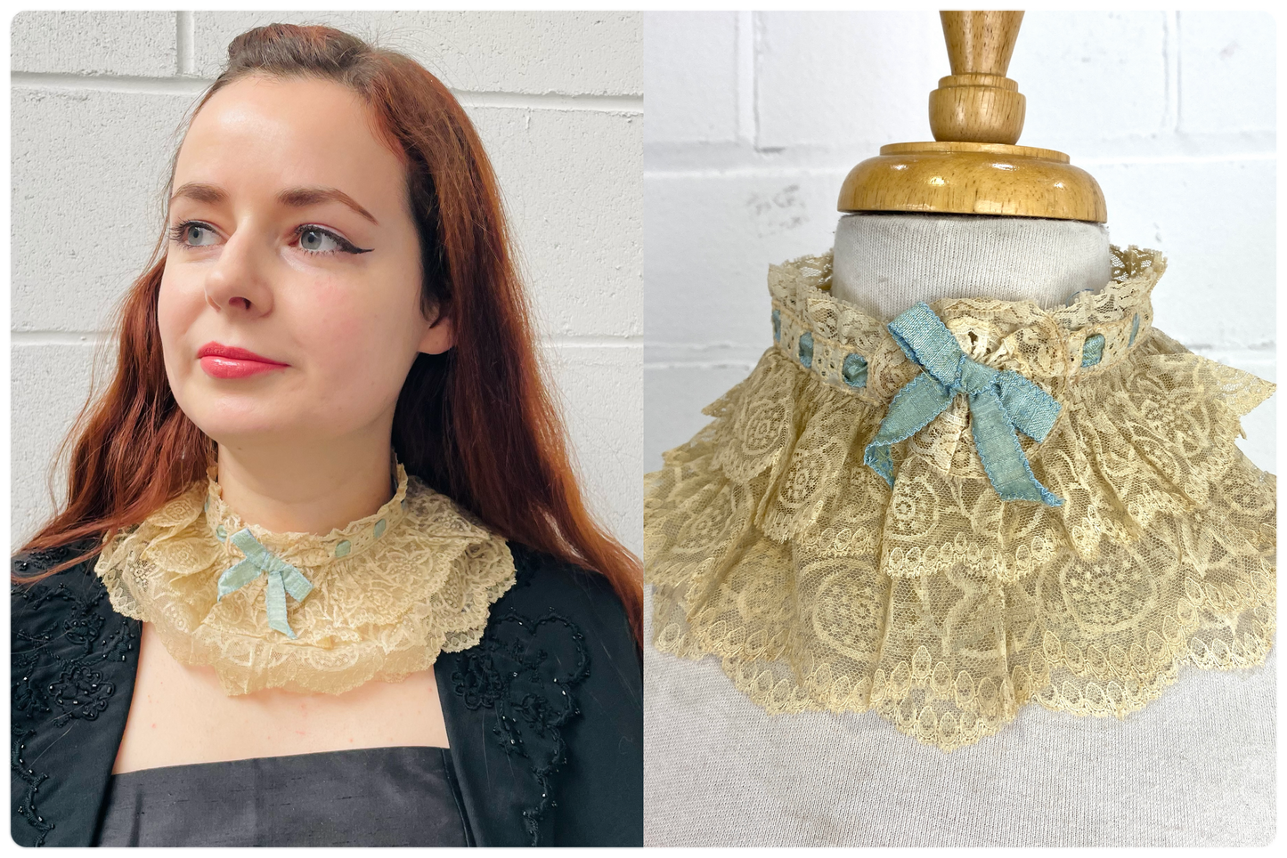Antique Victorian Beige Lace Ruffle Collar with Blue Bow Ribbon