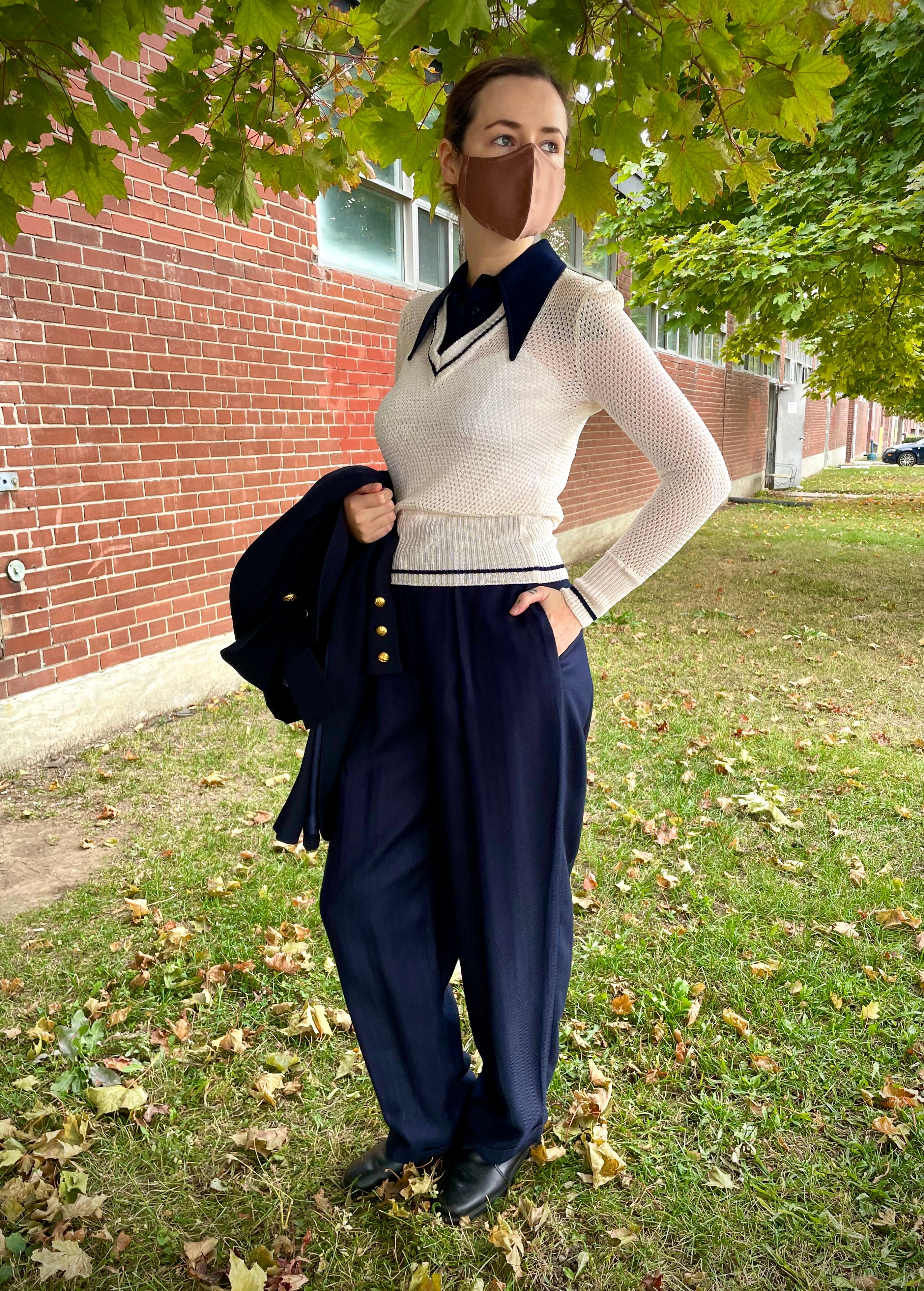 Vintage 80s/ 90s Navy Herringbone Pleated Pants, W29