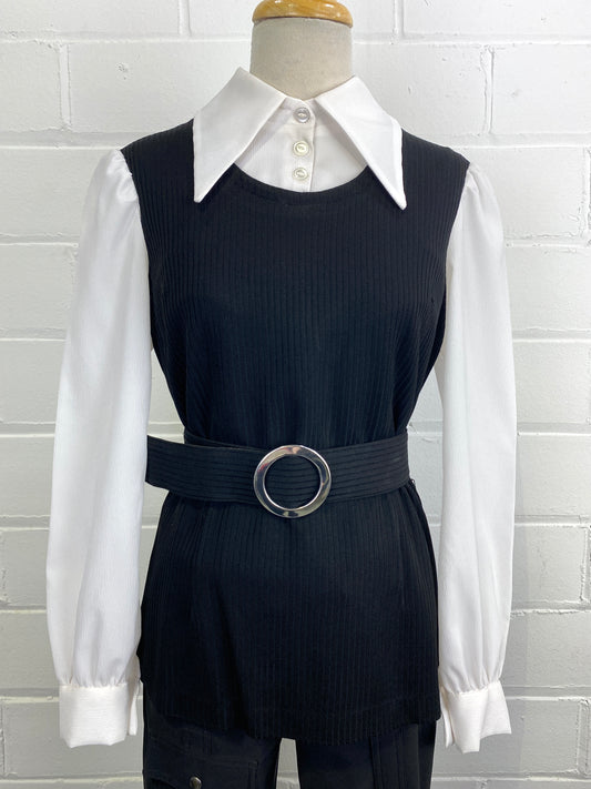 Vintage 1970s Black & White Faux Shirt & Vest Zip Top, Medium