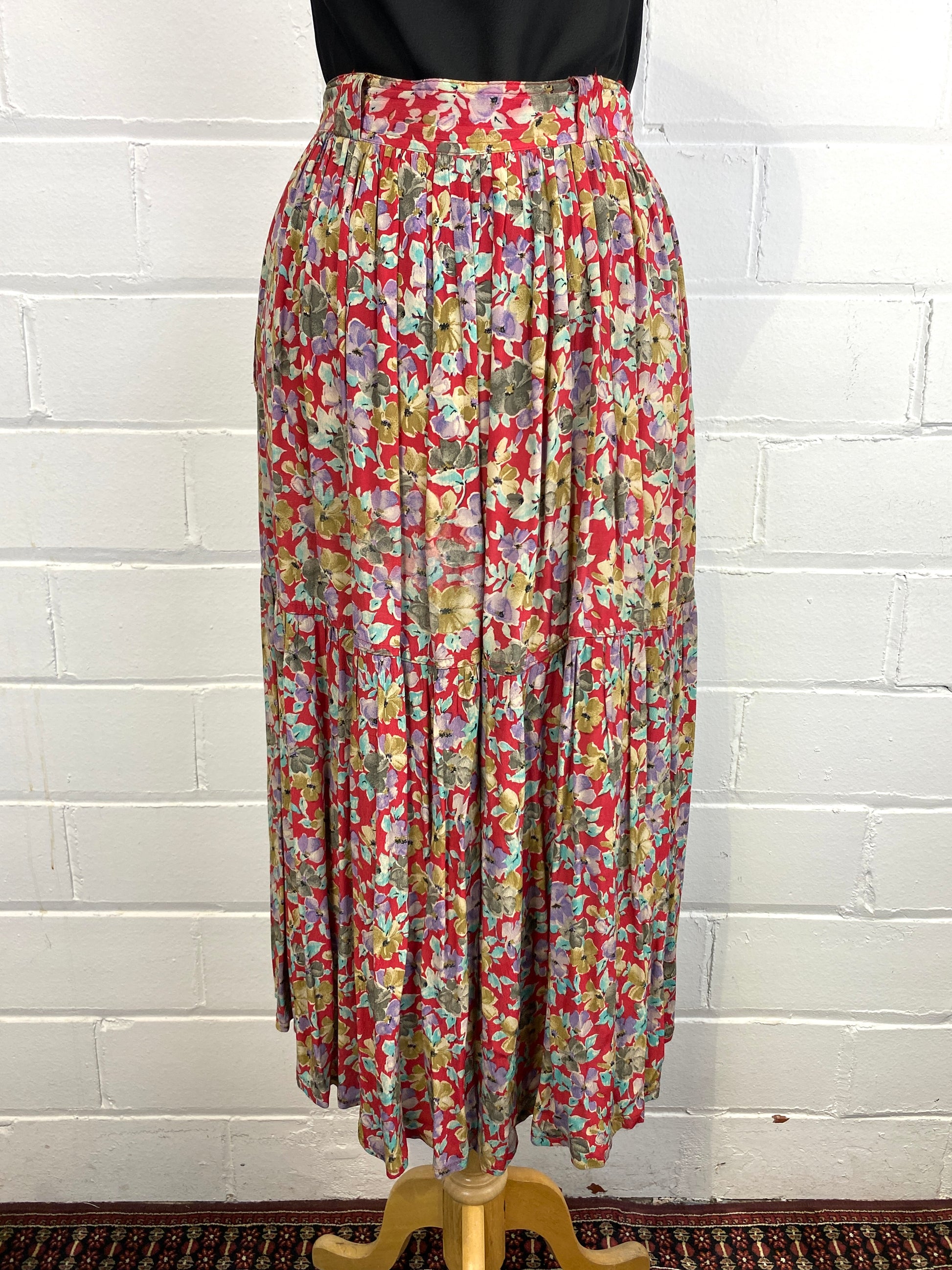 Vintage 1980s Floral Rayon Button Down Midi-Skirt, Medium
