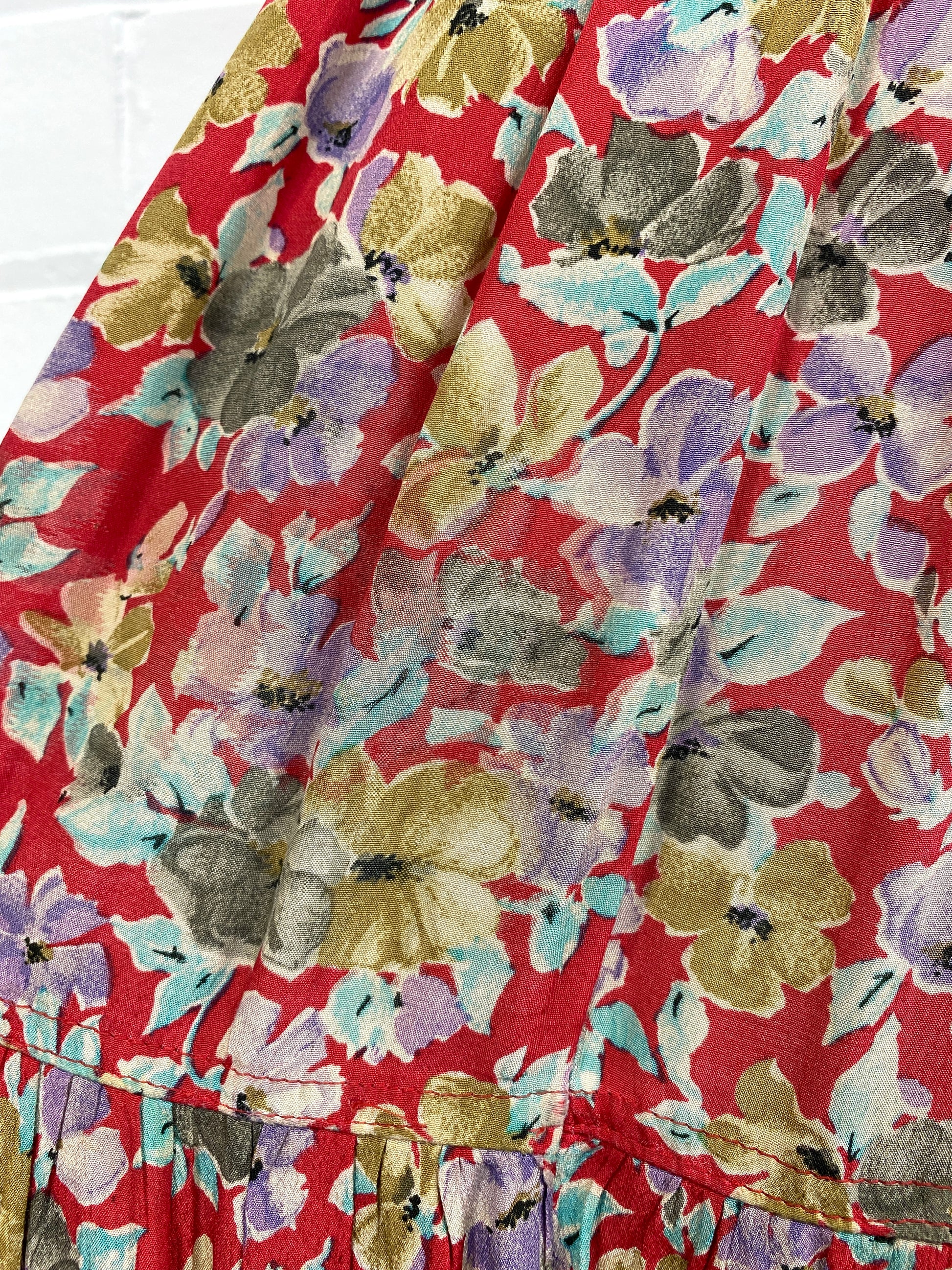 Vintage 1980s Floral Rayon Button Down Midi-Skirt, Medium