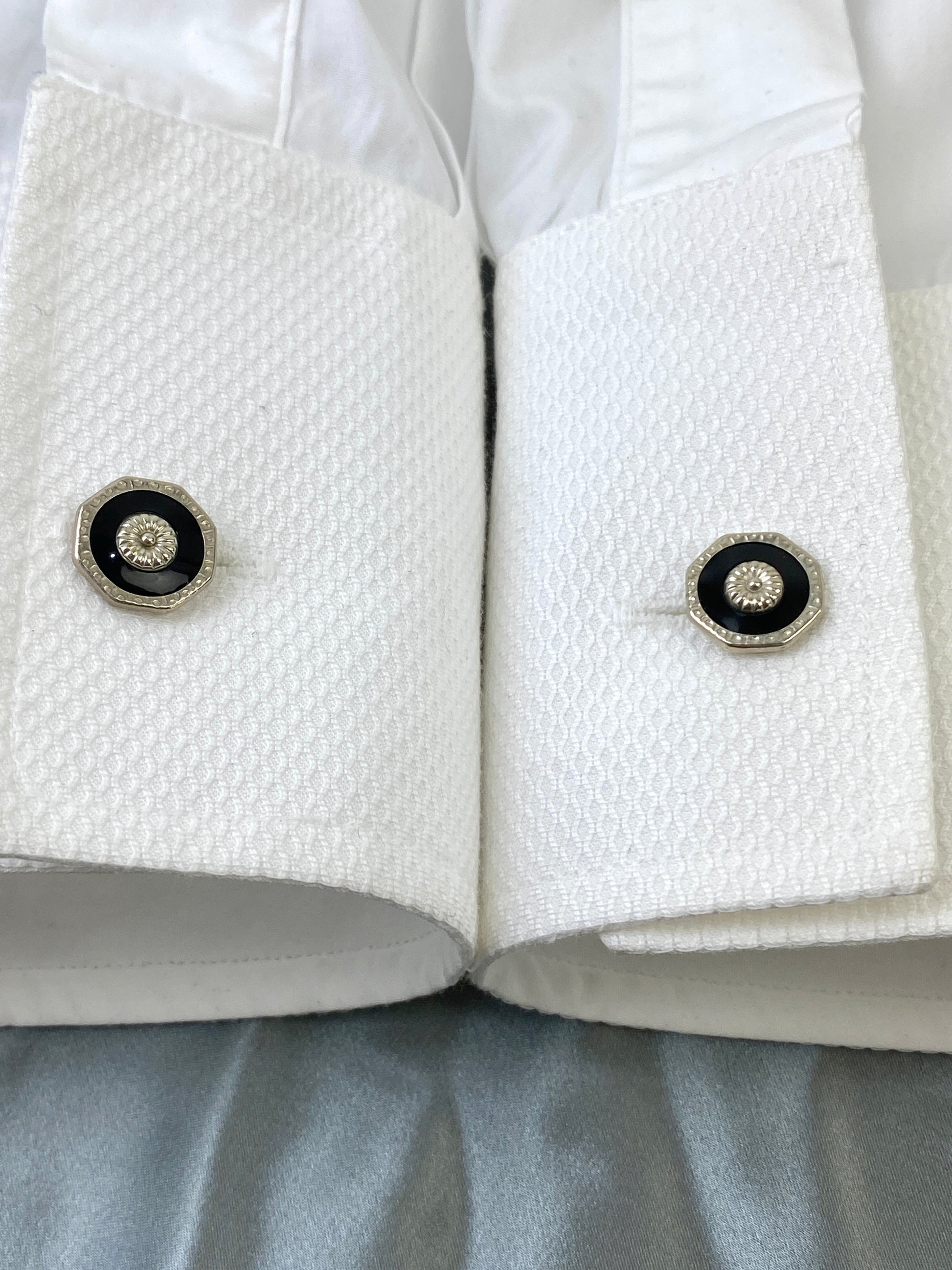 Vintage 1910s Men's Cufflinks, Hexagonal Silver with Black Celluloid, Bean-Back