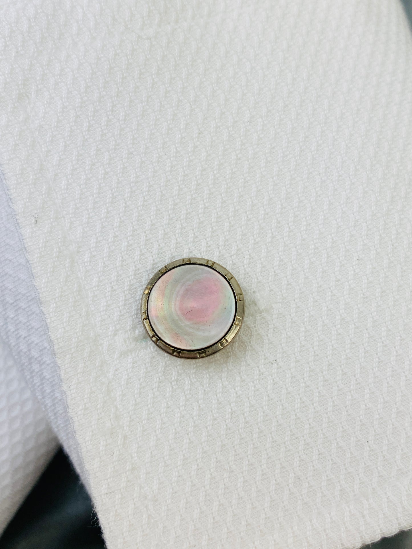 Vintage Edwardian 1910s Men's Cufflinks, Round Silver with Mother of Pearl Inlay, Gold Plated