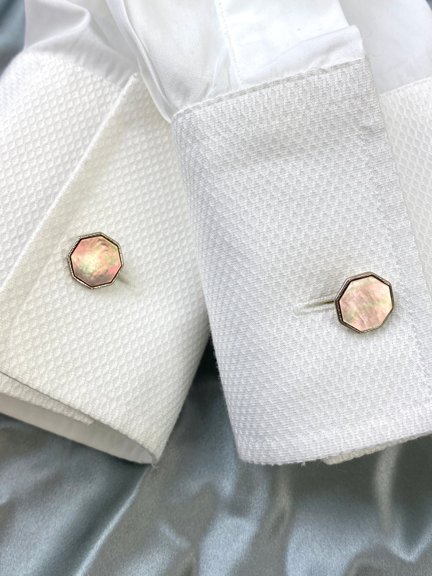Vintage Edwardian 1910s Men's Cufflinks, Hexagonal Silver with Mother of Pearl Inlay, Gold Plated