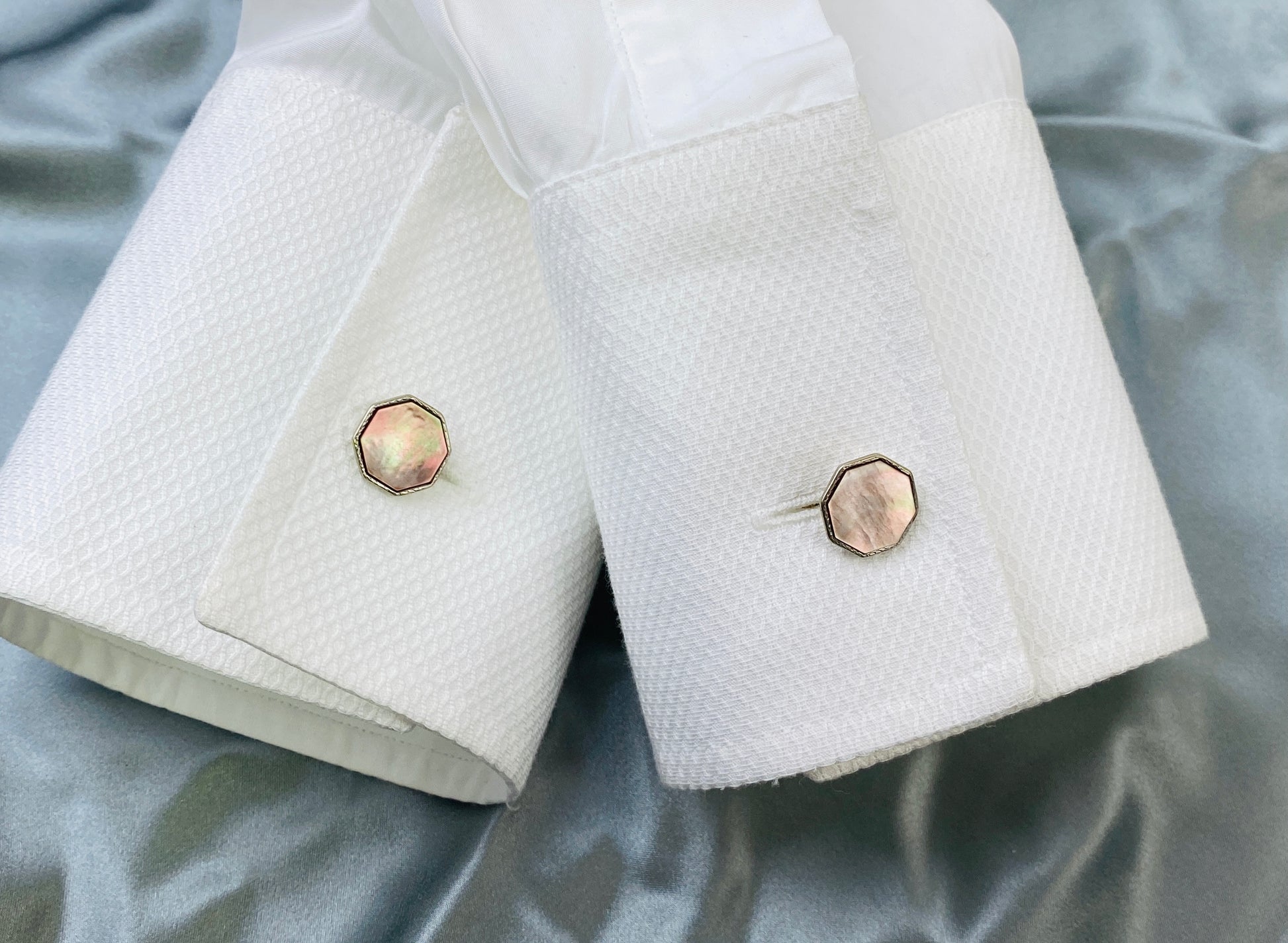 Vintage Edwardian 1910s Men's Cufflinks, Hexagonal Silver with Mother of Pearl Inlay, Gold Plated