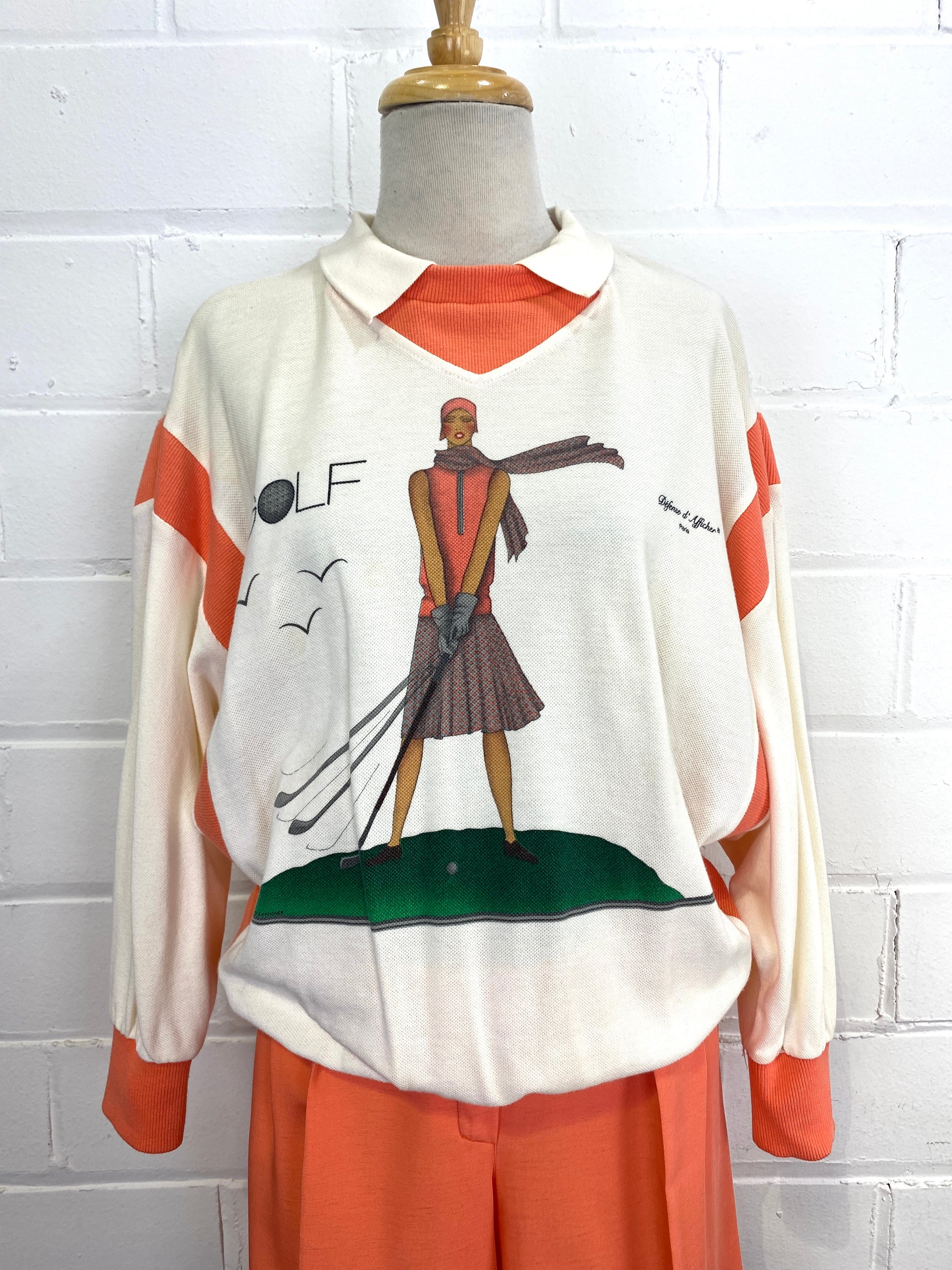 Vintage 1980s Sweater & Shorts Set with 20s Golf Fashion Illustration, 30W