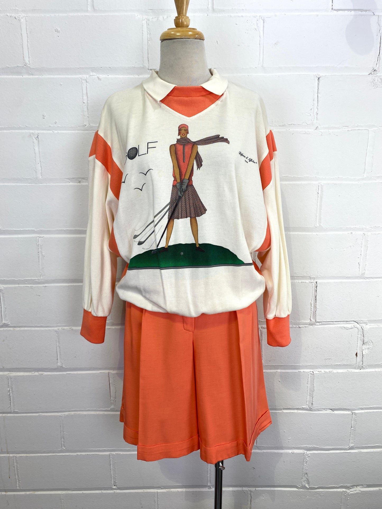 Vintage 1980s Sweater & Shorts Set with 20s Golf Fashion Illustration, 30W